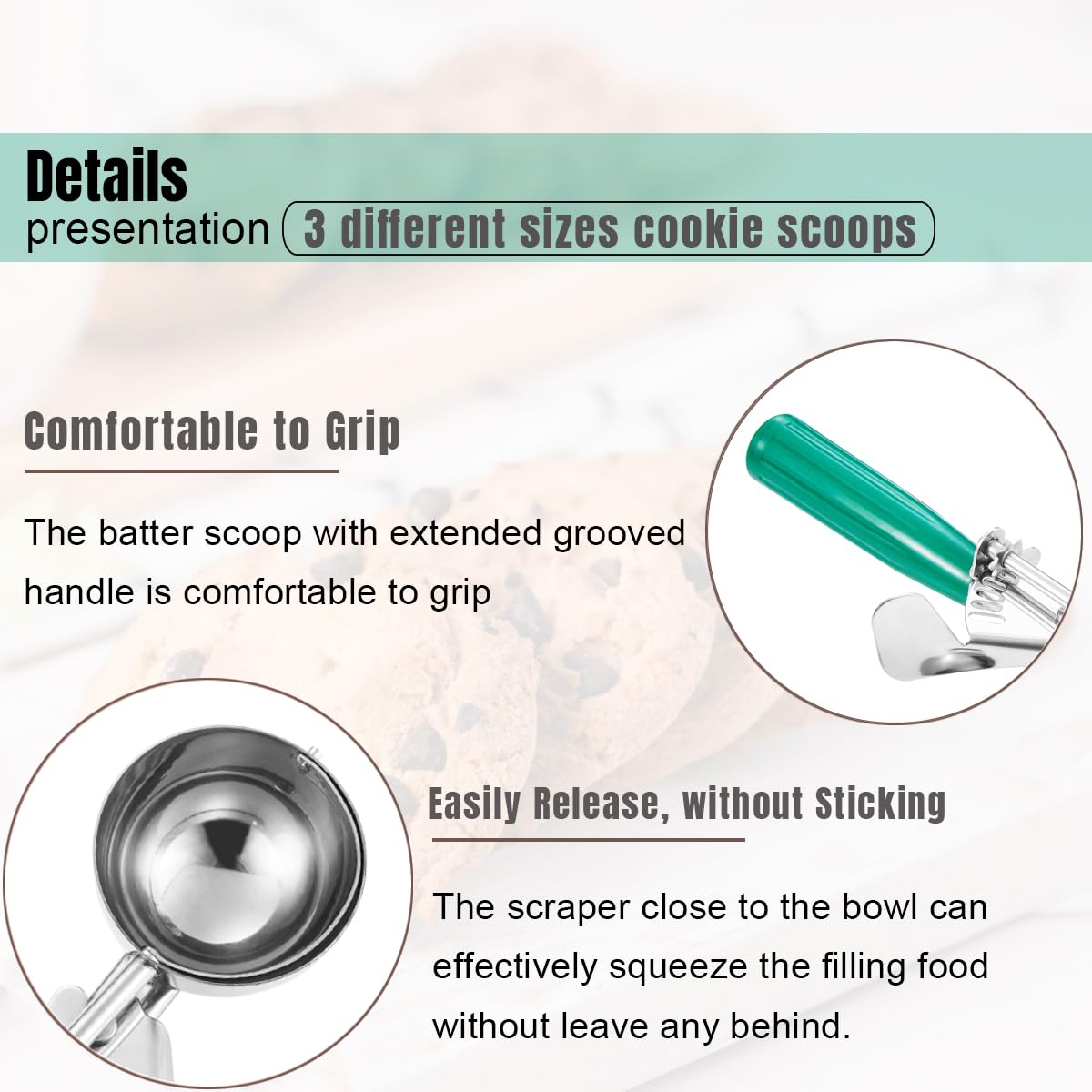 Saebye Cookie Scoop Set, Ice Cream Scoop Set, Cookie Scoops for Baking, Multiple Size Large-Medium-Small Size Disher, Professional 18/8 Stainless Steel Cupcake Scoop