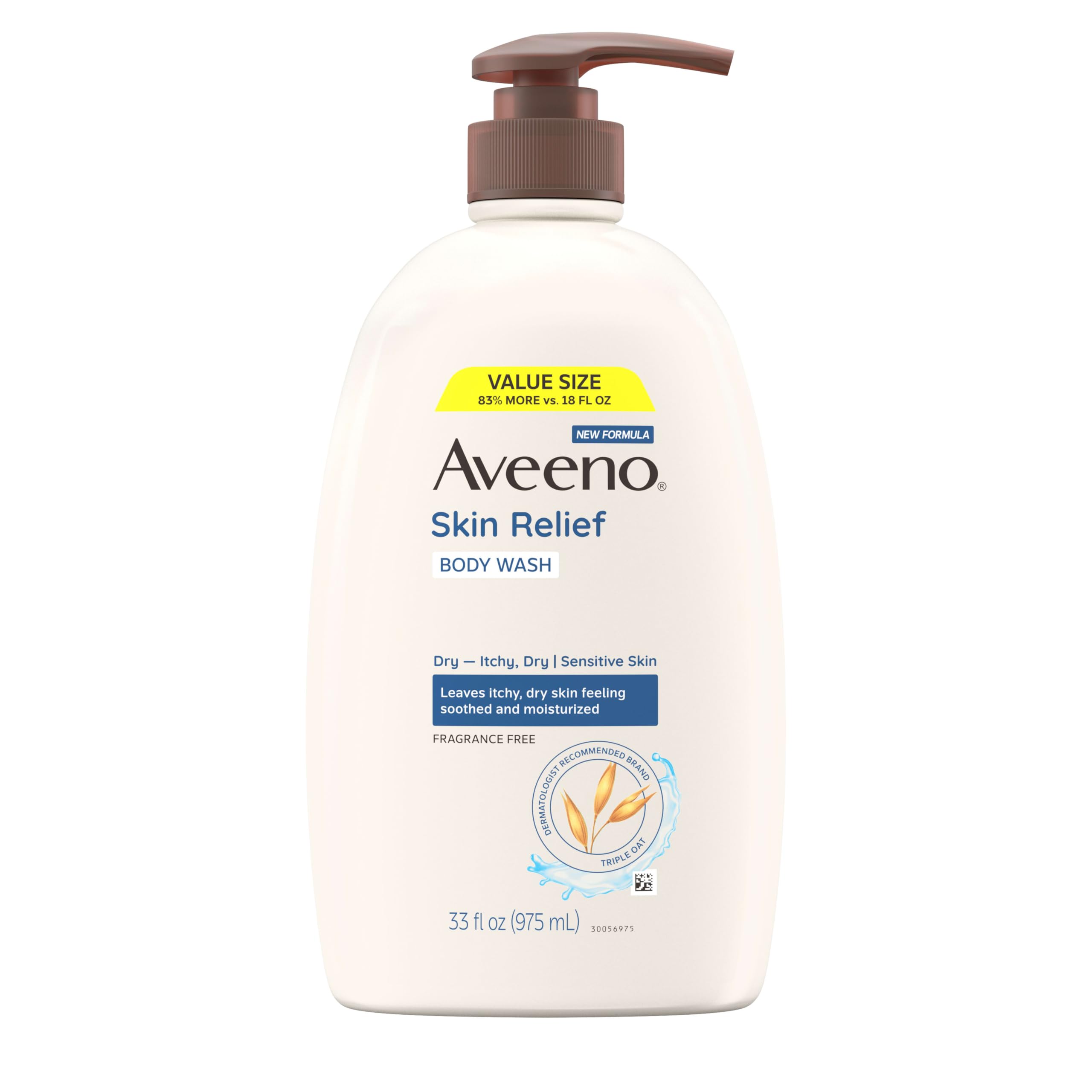 Aveeno Skin Relief Parfumfreies Körperwaschmittel, dreifache Haferformel, sanfte tägliche Reinigung für juckende, trockene, empfindliche Haut, seifen- und parabenfrei, beruhigt und spendet Feuchtigkeit, 975 ml