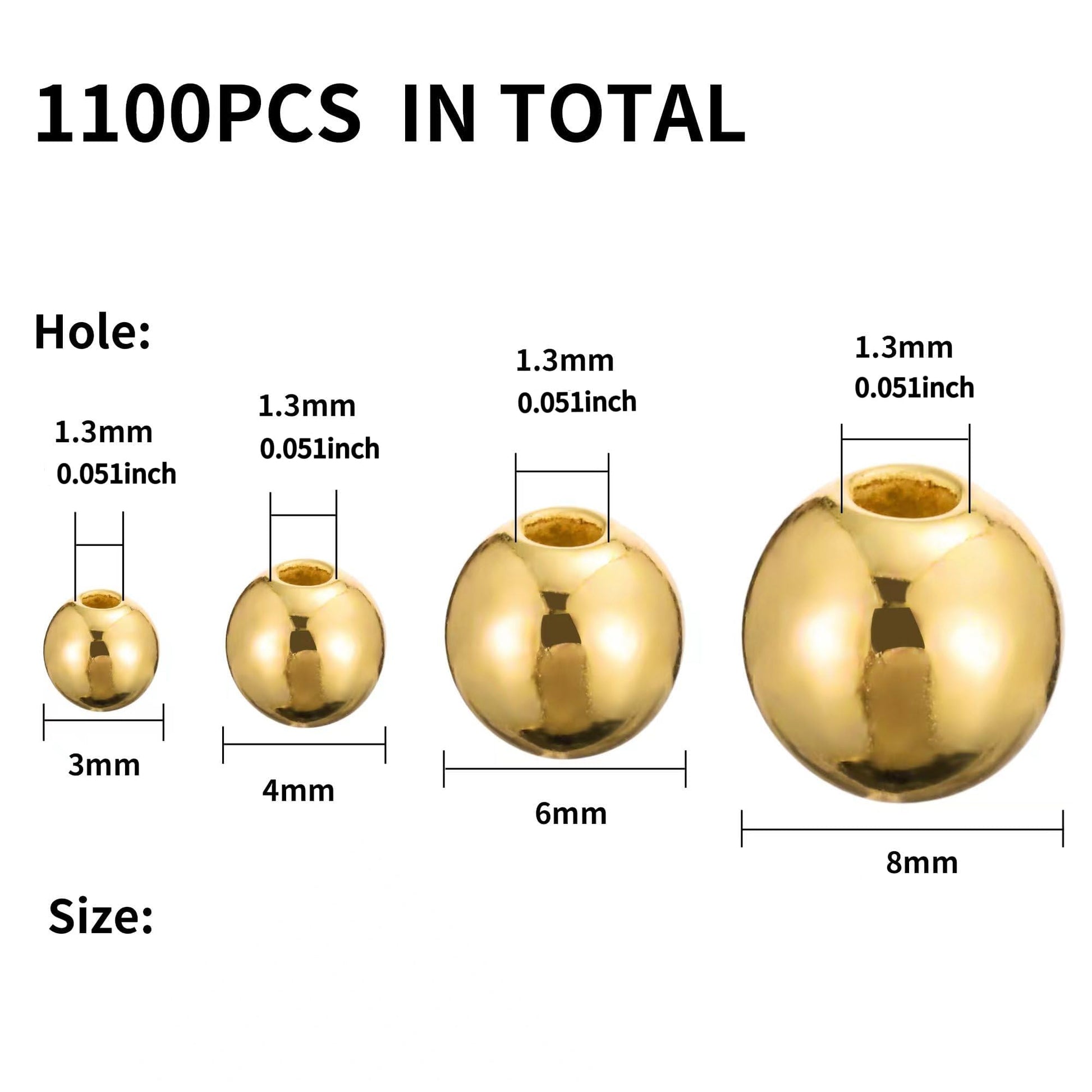 1100 Pcs Gold Beads Smooth Round Beads 3/4/6/8mm Gold Spacer Loose Ball Bead Kits Gold Filled Beads for Bracelet Jewelry Making