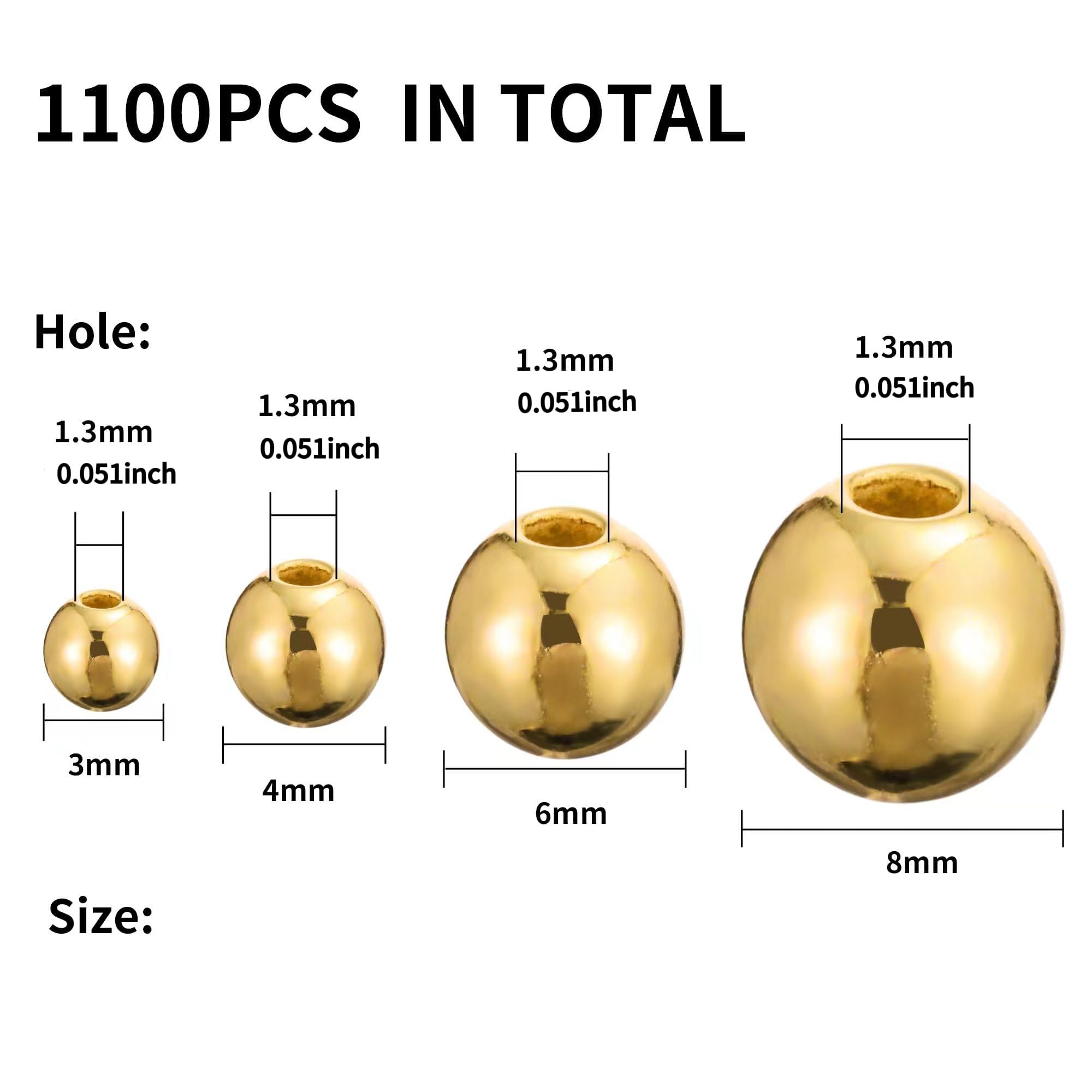 1100 Pcs Gold Beads Smooth Round Beads 3/4/6/8mm Gold Spacer Loose Ball Bead Kits Gold Filled Beads for Bracelet Jewelry Making