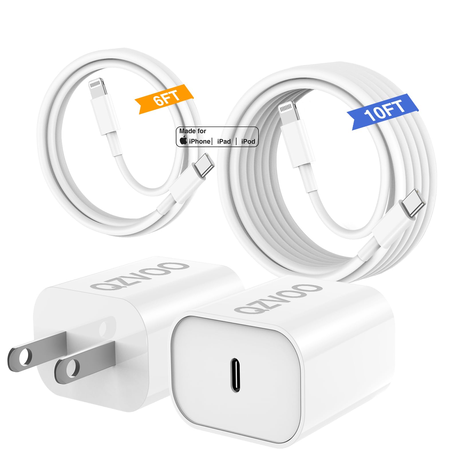 (6ft+10ft)iPhone Charger Fast Charging, for iPhone 14 13 12 Fast Charger,20W USB C Wall Charger with Type C to Lightning Cord, iPhone Fast Charging Cable for iPhone 13/14/12 Pro Max Plus/11,iPad-2Pack
