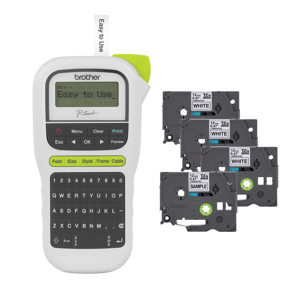 Brother P-Touch, PTH110BP, Handliches Beschriftungsgerät-Bundle (inkl. 4 Etikettenbänder), Weiß, Klein
