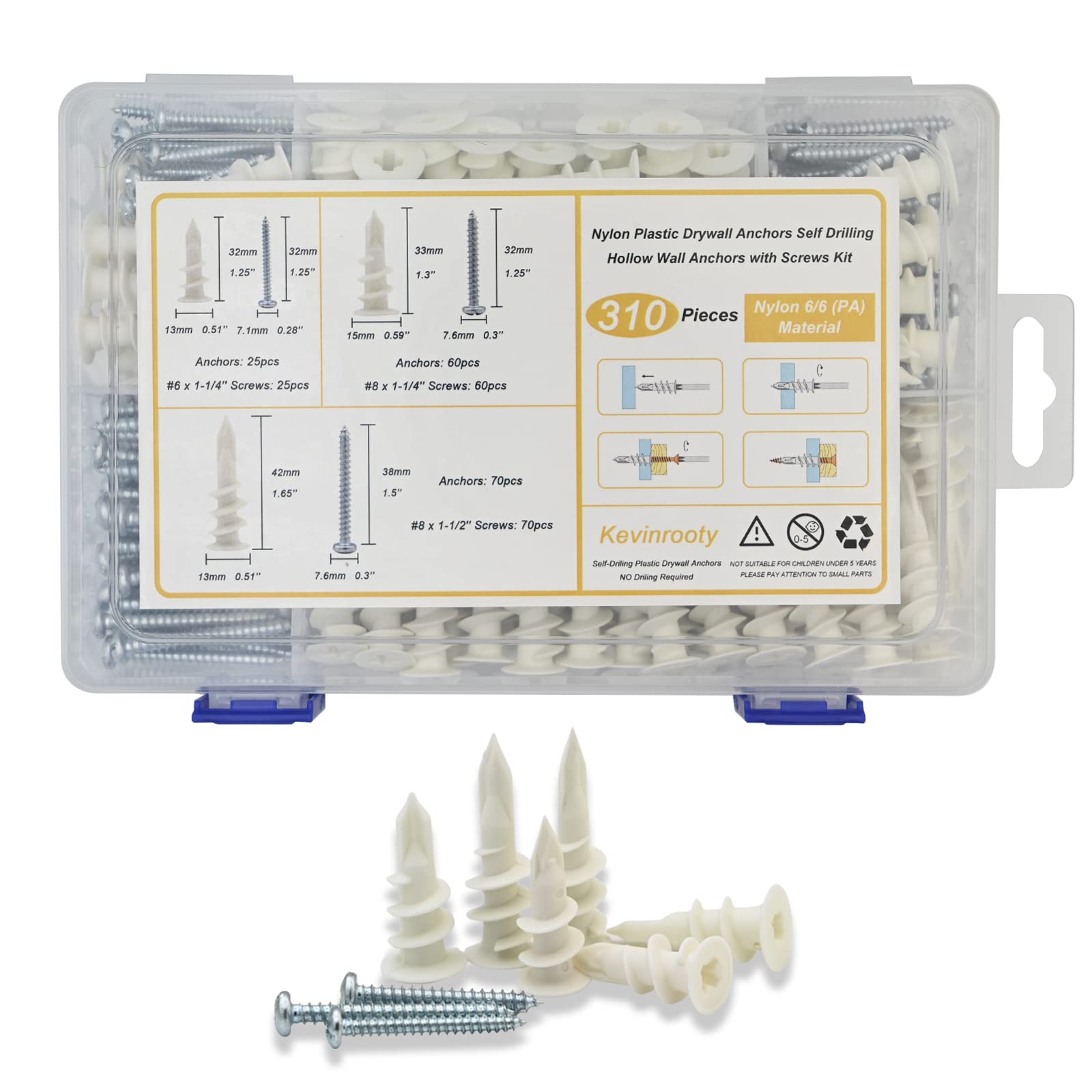 Kevinrooty 3 Sizes Self Drilling Drywall Anchors, 310PCS Nylon Plastic Wall Anchors and Screws for Drywall, No Pre Drill Hole Preparation Required,13x32mm,15x33mm,13x42mm