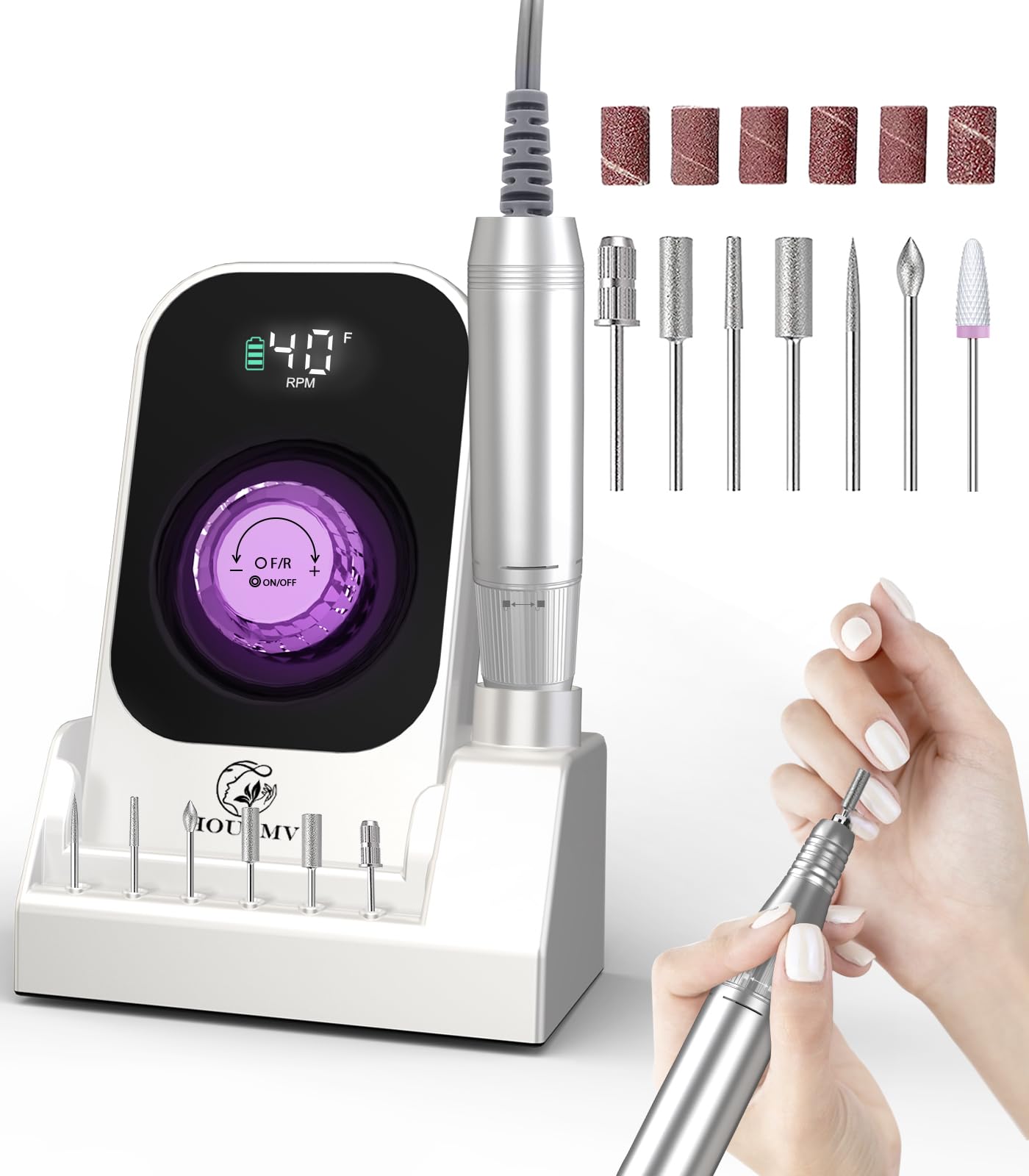Tragbarer Nagelbohrer, elektrische Feile: 40000 U/min Professionelle wiederaufladbare Nagel-E-Feilenmaschine, kabelloser Nagelbohrer mit Bits und Basis für Acrylnägel, Entfernung von Nagellack, Maniküre für Salon und Zuhause, Weiß