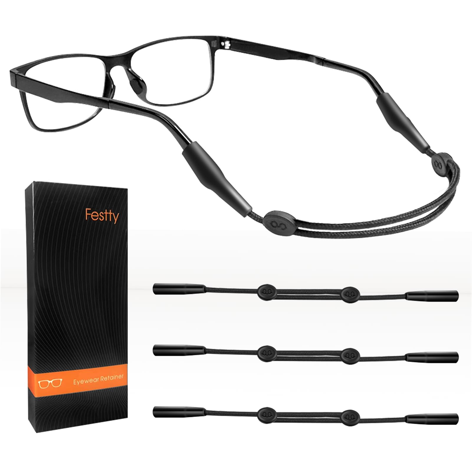 Festty Glasses Strap Sports 3 pcs, Eyeglasses Strap Holder for Kids Women Men, Adjustable Sunglasses lanyard string chain,Reading eye glasses holders around neck, Eyewear Retainer (Black)