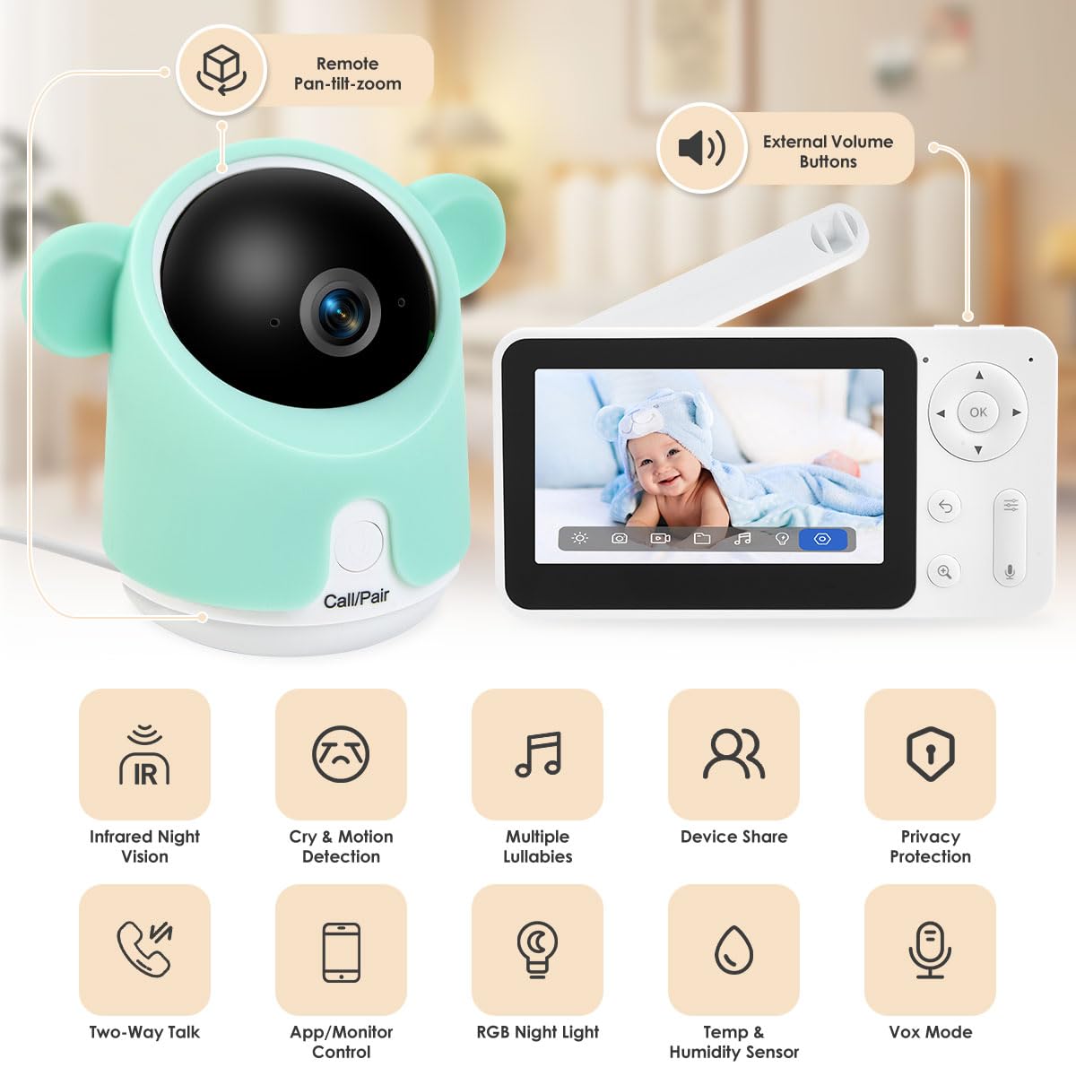 Baby Monitor with Camera and Audio, 1080P Baby Camera Monitor WiFi Smartphone App Control Night Vision 4.3” Screen 2-Way Talk Temperature & Humidity Sensor Lullabies Motion & Cry Detection iOS/Android