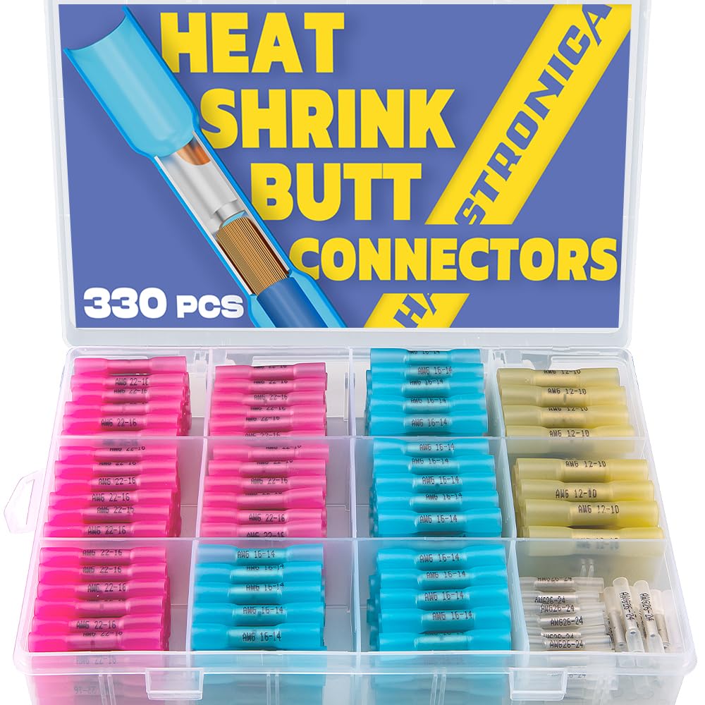 330PCS haisstronica Schrumpfstoßverbinder – Wasserdichtes elektrisches Crimp-Drahtverbinder-Kit in Marinequalität – Isoliertes verzinntes Rotkupfer, für Boot, LKW, Stereoanlage, Verbindung (4 Farben/4 Größen)