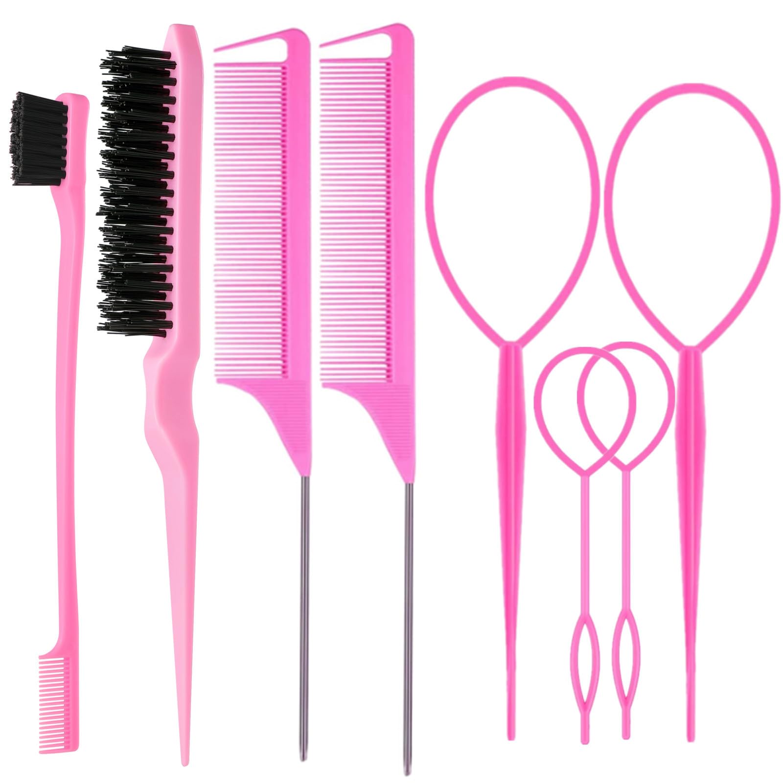 ZVOREI 8-teiliges Haarbürstenset mit 4 Topsy-Haarschwanzwerkzeugen, 1 Borsten-Toupierbürste, 1 Kantenbürste, 2 Metallzinken-Stielkämmen für Damen und Mädchen zum Stylen, Kanten- und Zurückkämmen, Pink