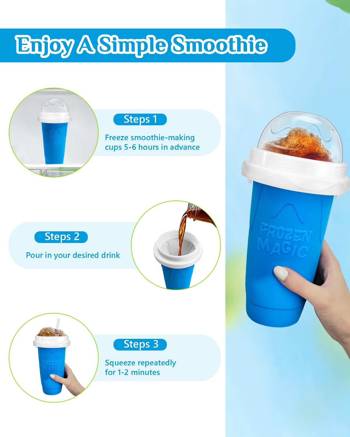 Bollove Slushy Maker Cup, DIY Magic Slushy Maker Squeeze Cup, Portable Smoothie Squeeze Cup for Juices, Milk and Ice Cream Make, Double Layers Silica Cup with Lid & Straw (Blue), 7.87*4.33in