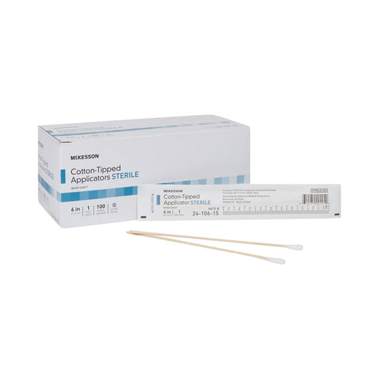 McKesson Cotton-Tipped Applicator Swabstick, Sterile, Wood Shaft, 6 in, 1 Count, 100 Packs, 100 Total