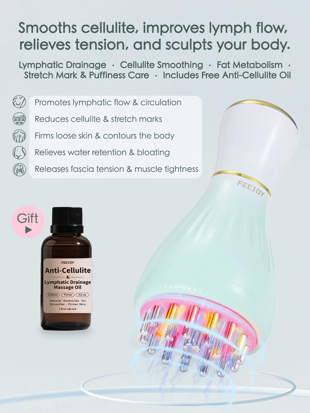 FEEJOY Lymphatic Drainage Massager & Massage Tool with Cellulite Oil, Body Sculpting Machine & Fascia Blaster for Cellulite with Microcurrent, Light, Heat & Vibration, for Legs, Arms & Belly