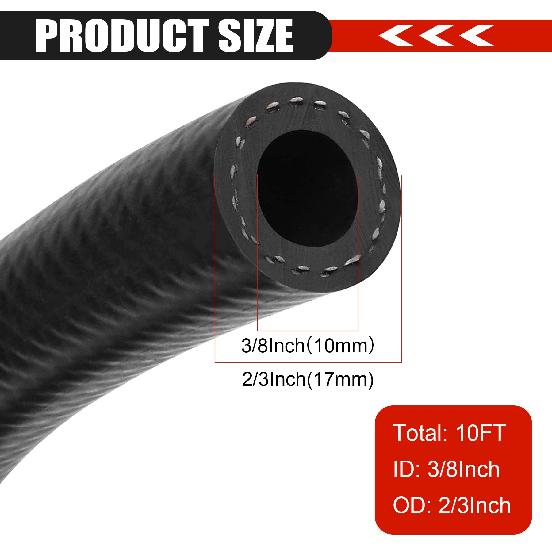 3/8 Inch (10mm) ID Fuel Line Hose 10FT NBR Rubber Push Lock Hose High Pressure 300PSI for Automotive Fuel Systems Engines