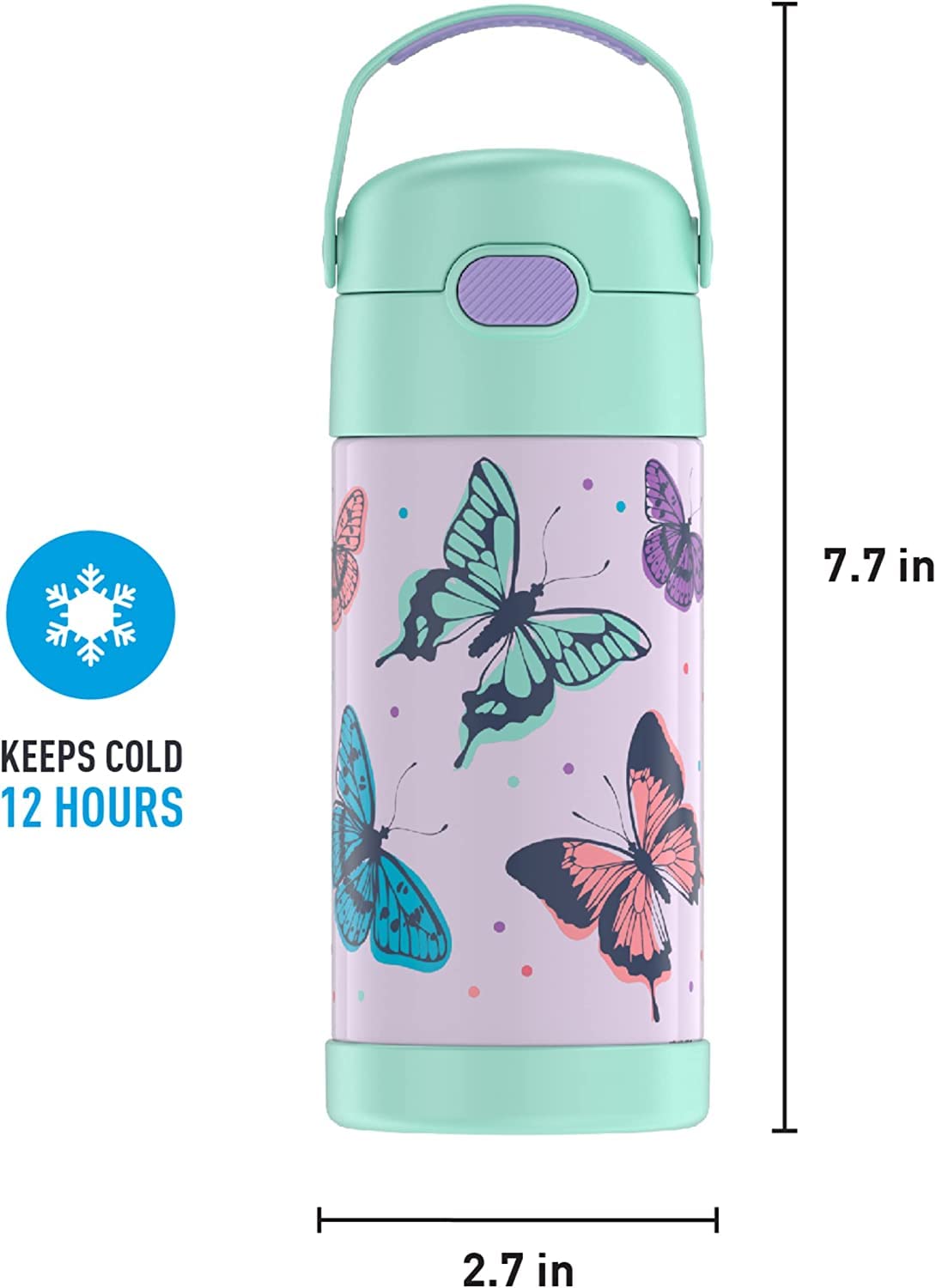 THERMOS FUNTAINER Water Bottle with Straw - 12 Ounce - Kids Stainless Steel Vacuum Insulated Water Bottle with Lid, Butterfly Frenzy