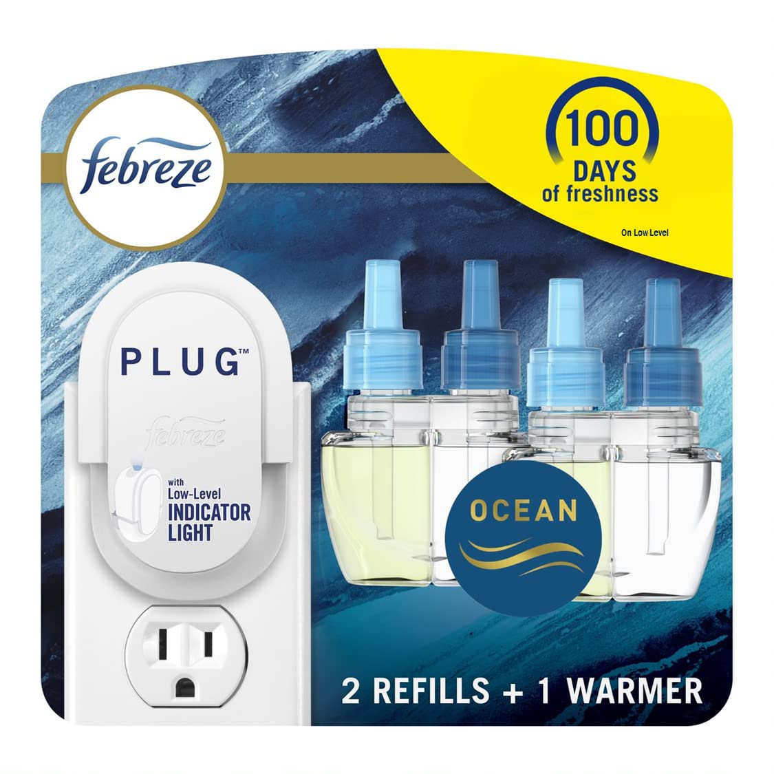 Febreze Plug In Air Freshener, Odor-Fighting Scented Oil Starter Kit, Air Fresheners for Home and Bathroom and Kitchen, Long Lasting for Strong Odors, Linen & Sky Scent, Warmer + 2 Refill