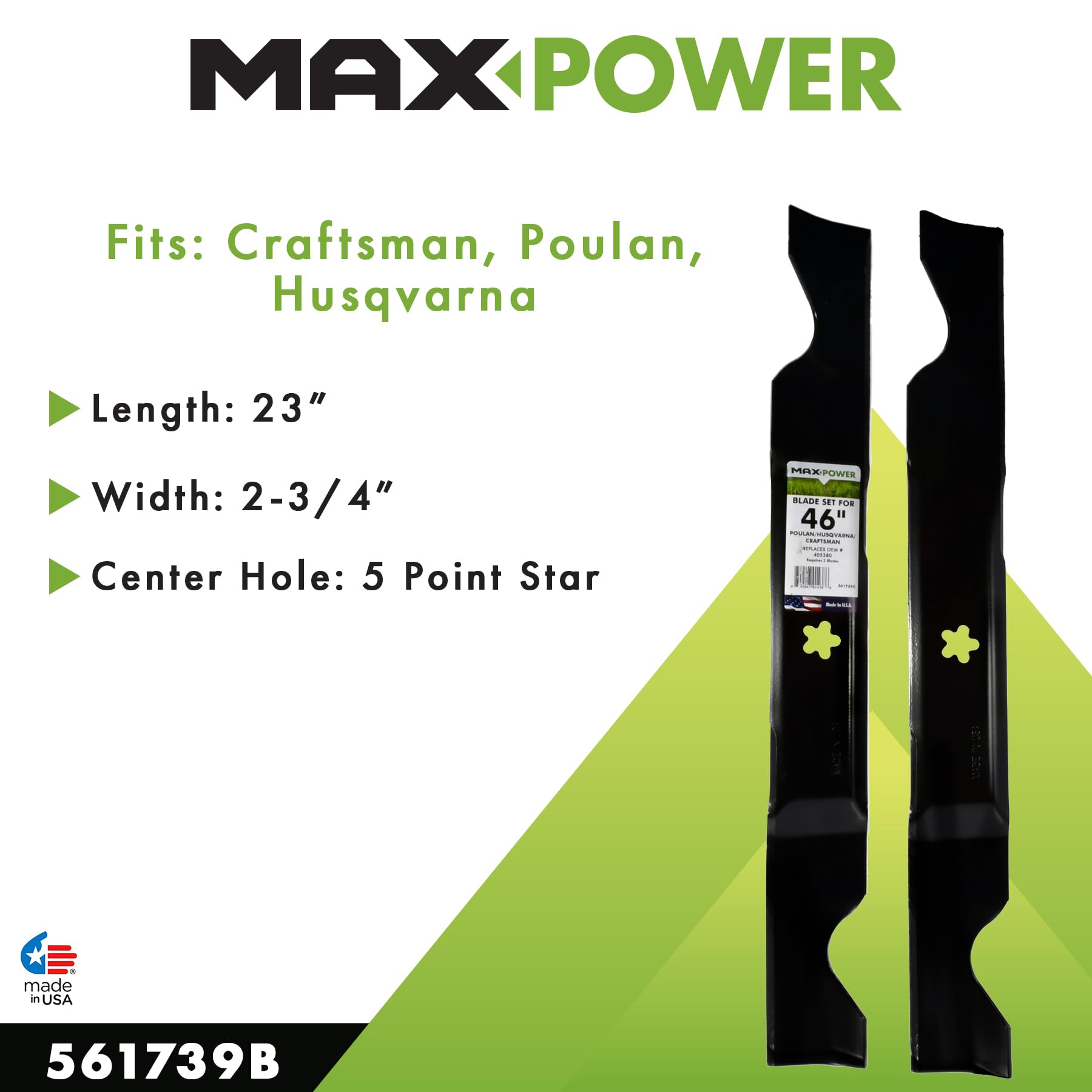 MaxPower 561739B 2 Blade Set for 46" Cut Craftsman, Husqvarna, Poulan Replaces OEM no. 405380, 594892801, 532405380, CMXGZAM110147