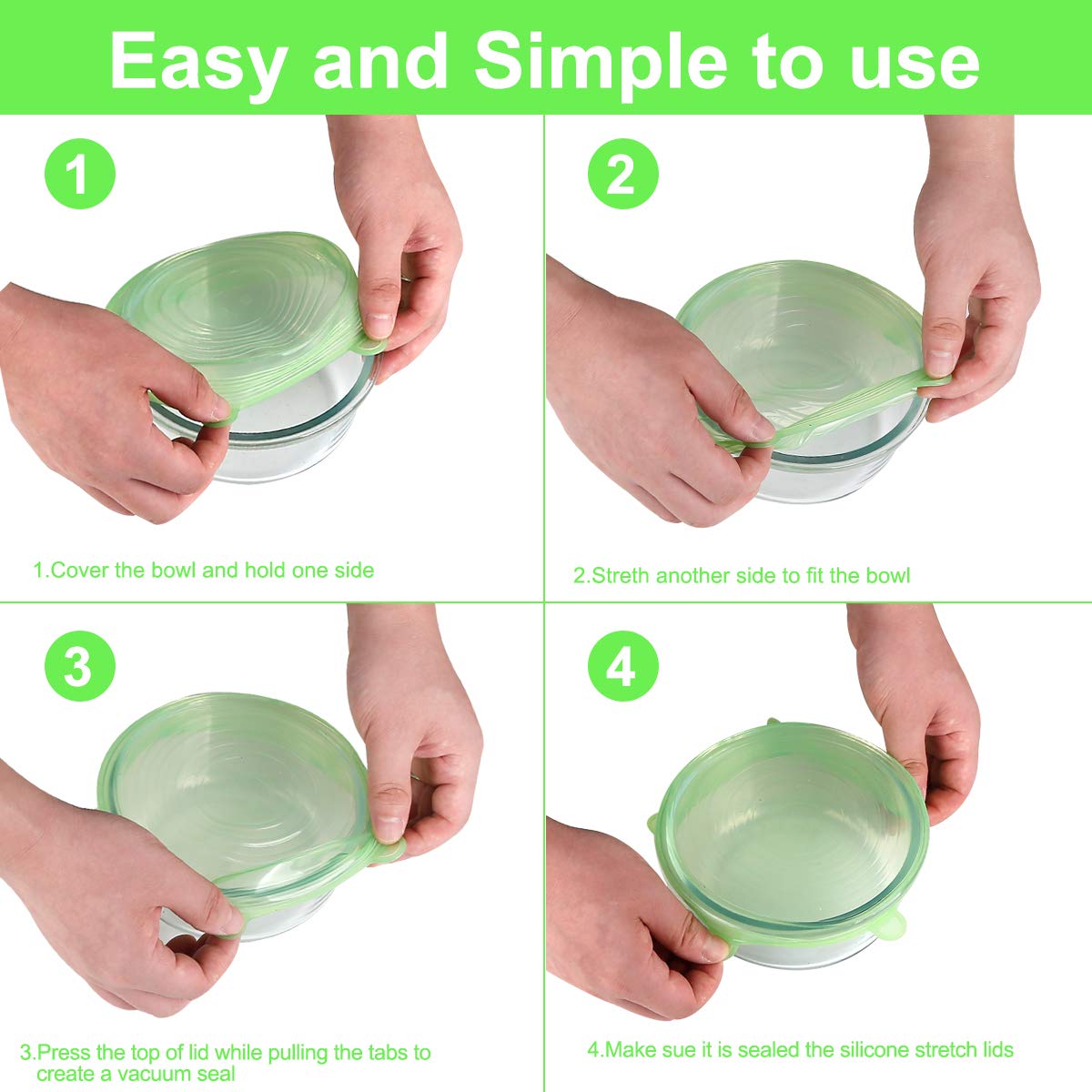 ONEGOL Silicone Stretch Lids, 12 Pack Silicone Lids, 6 Sizes BPA-free Silicone Bowl Covers Reusable for Cups, Bowls and Dish, Flexible, Round and Rectangle Fit 2.6” - 8.2” Container, Green & Blue