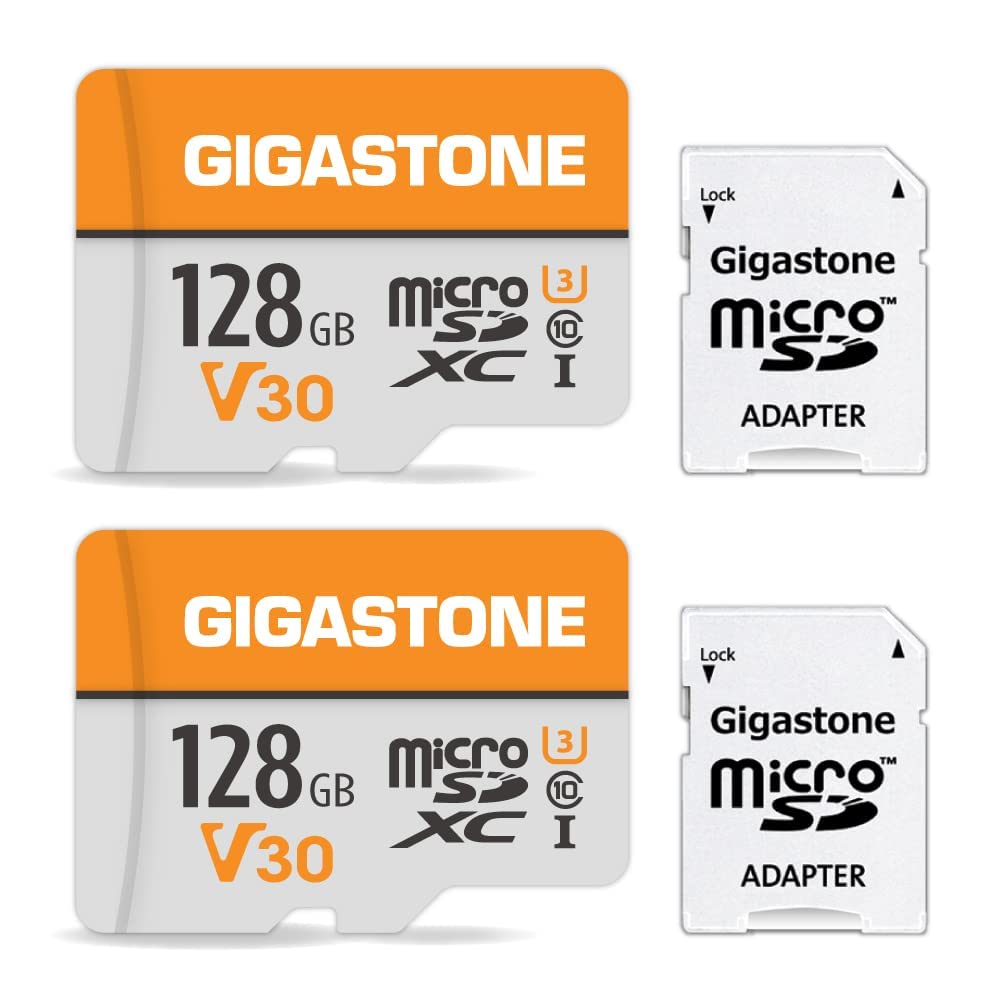 GIGASTONE 128GB 2-Pack Micro SD Card, 4K Video Pro, Compatible with GoPro, Security Camera, Dash cam, Drone, 95MB/s MicroSDXC Memory Card UHS-I V30 Class 10, with 2 SD Adapter