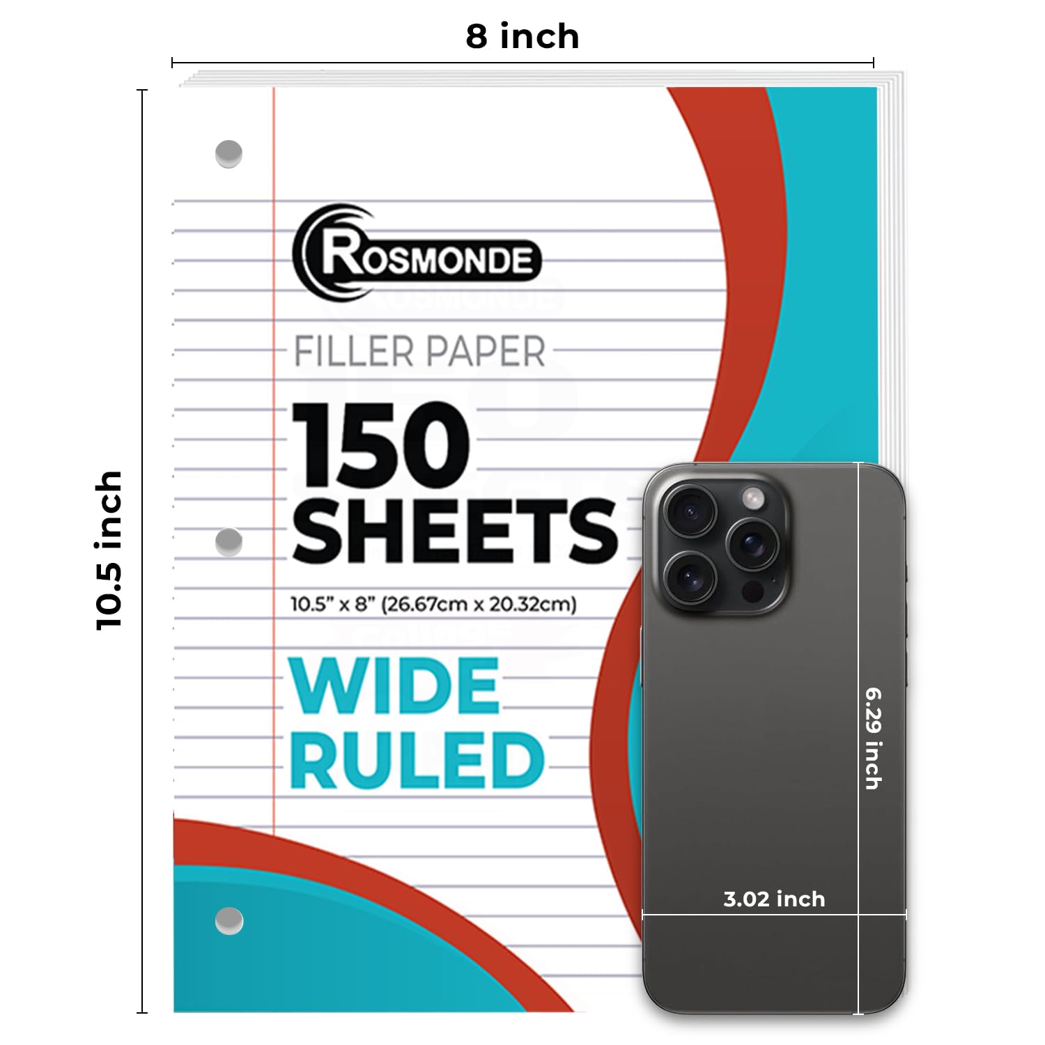 Rosmonde Loose Leaf Paper, 450 Sheets, 3 Pack, 56 gsm Wide Ruled Sheets, 8" x 10.5", Bulk Notebook Paper, 3 Hole Punched, 150 Sheets/Pack, Wide Ruled Paper for Binders, Loose Leaf Office Paper, White
