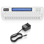 Bonai 16+2 Bay AA AAA 9V Battery Charger for NiMH NiCD Rechargeable Batteries Independent Control with Smart LCD Display and AC Wall Adapter, Battery not Included - White
