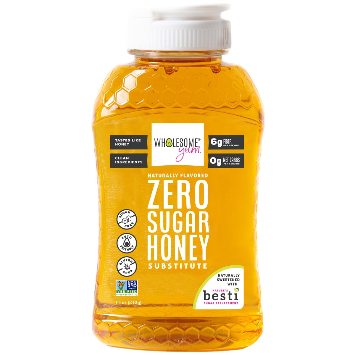 Wholesome Yum Zero Sugar Honey Substitute (Keto Honey) - Natural Sugar Free Honey Alternative With Monk Fruit & Allulose - Zero Net Carbs, Non GMO, Gluten Free, No Aftertaste (11 oz)