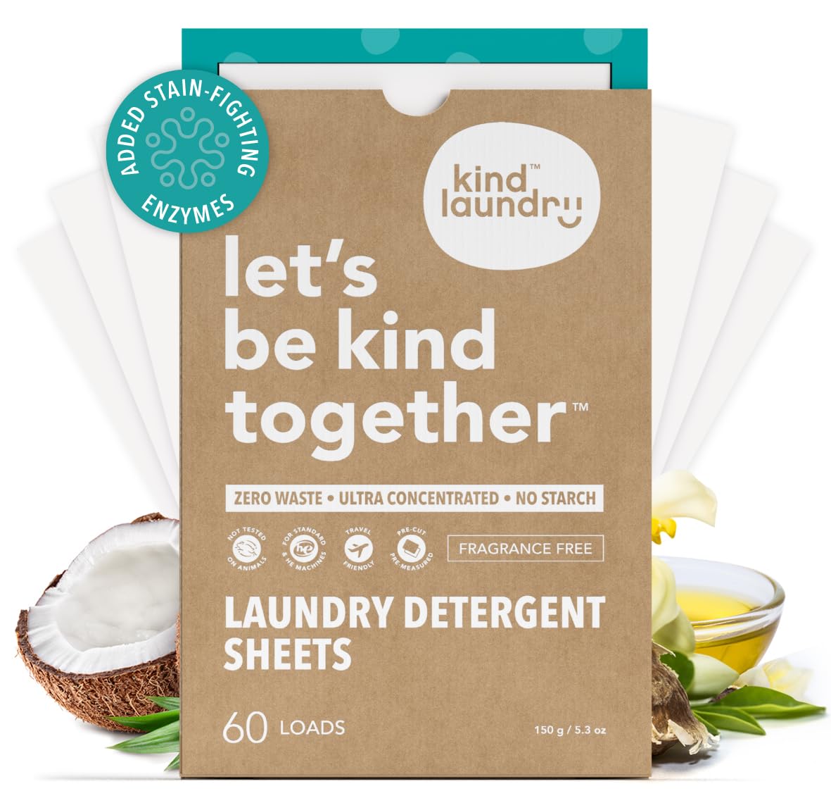 Kind Laundry Detergent Sheets with Powerful Stain-Fighting Enzymes - Biodegradable Plant Powered Eco-Friendly Laundry Soap Sheets - Home or Travel Laundry Detergent (Fragrance Free, 60 Loads)