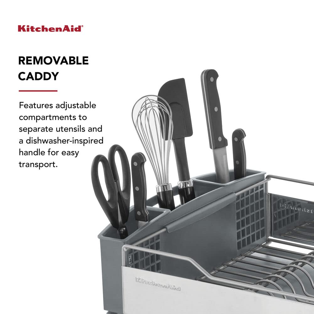 KitchenAid Large Capacity Full Size Rust Resistant Dish Rack with Angled Drain Board and Removable Flatware Caddy, Light Grey