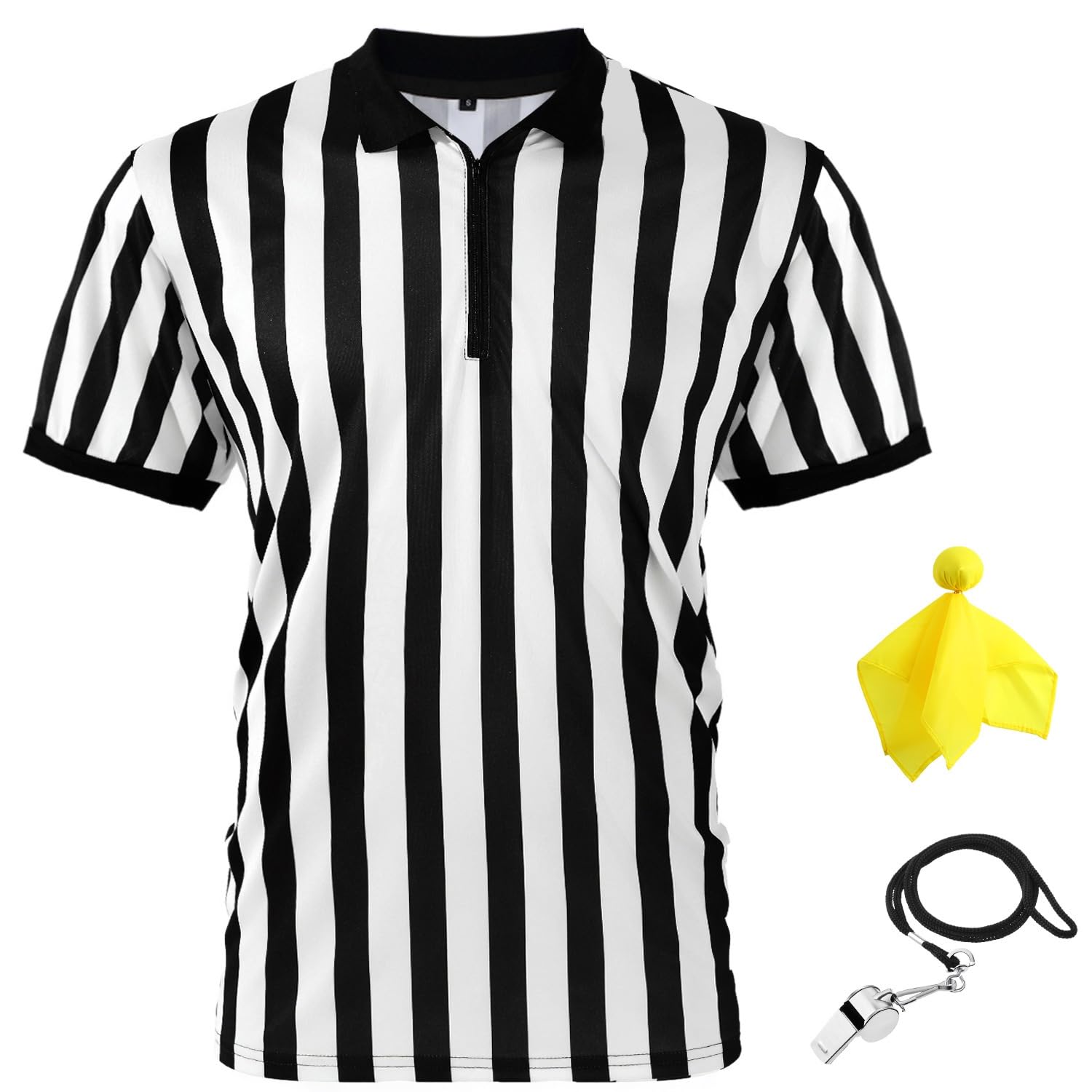 Syhood Men's Referee Shirt Stripe Umpire Jersey, Penalty Flag and Whistle for Football Soccer Sports and Halloween Cosplay(XX-Large)