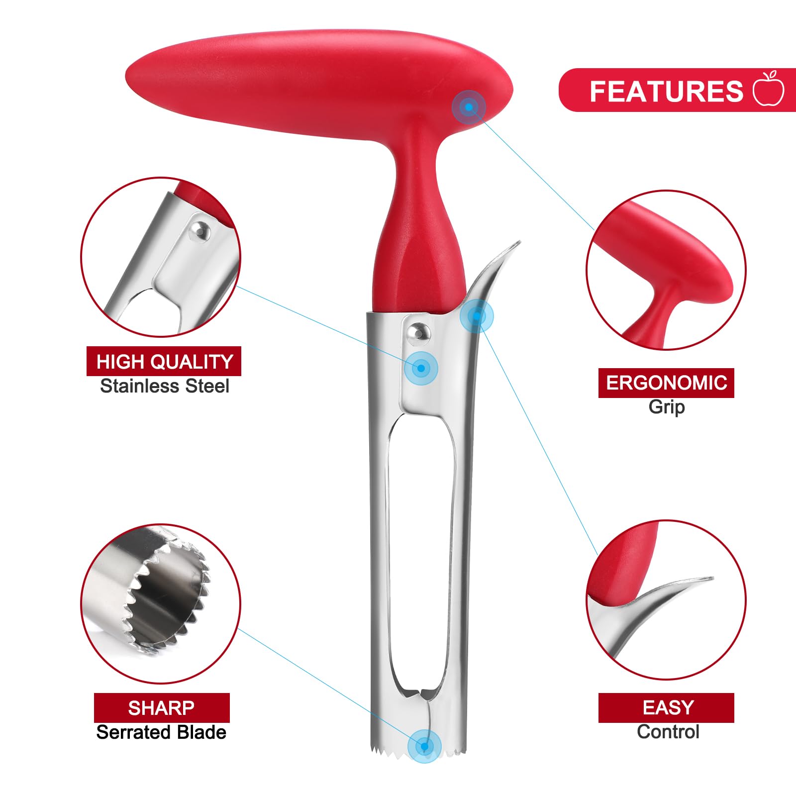 SCHVUBENR Premium Apple Corer Tool - Easy to Use and Clean - Sturdy Apple Core Remover with Sharp Serrated Blades - Stainless Steel Corers for Apple and Pear - Core Fruits with Ease(Red)