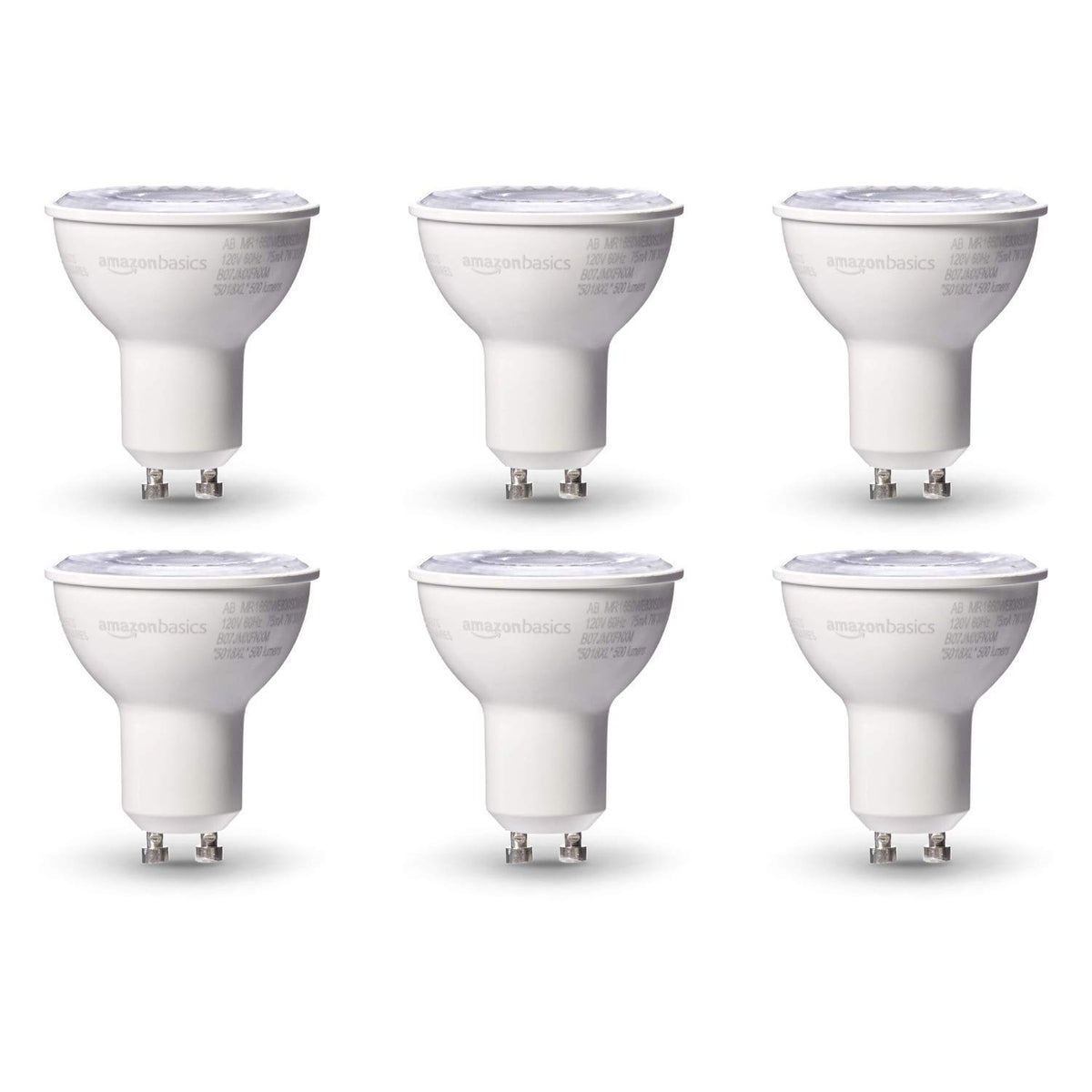 Basics MR16 LED Light Bulb, 50 Watt Equivalent, Energy Efficient 7W, GU10 Base, Warm White 3000K, Dimmable, 10,000 Hour Lifetime , 6-Pack