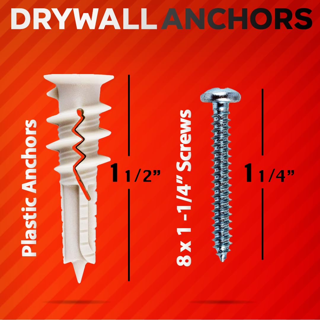 CrimsonMark 120Pcs #8 Self Drilling Drywall Anchors and Screws kit #8 x 1-1/4”- Superb Wall Anchors for Drywall, Holds Upto 75lbs – No Drill Hole Required with These Dry Wall Screws and Anchors