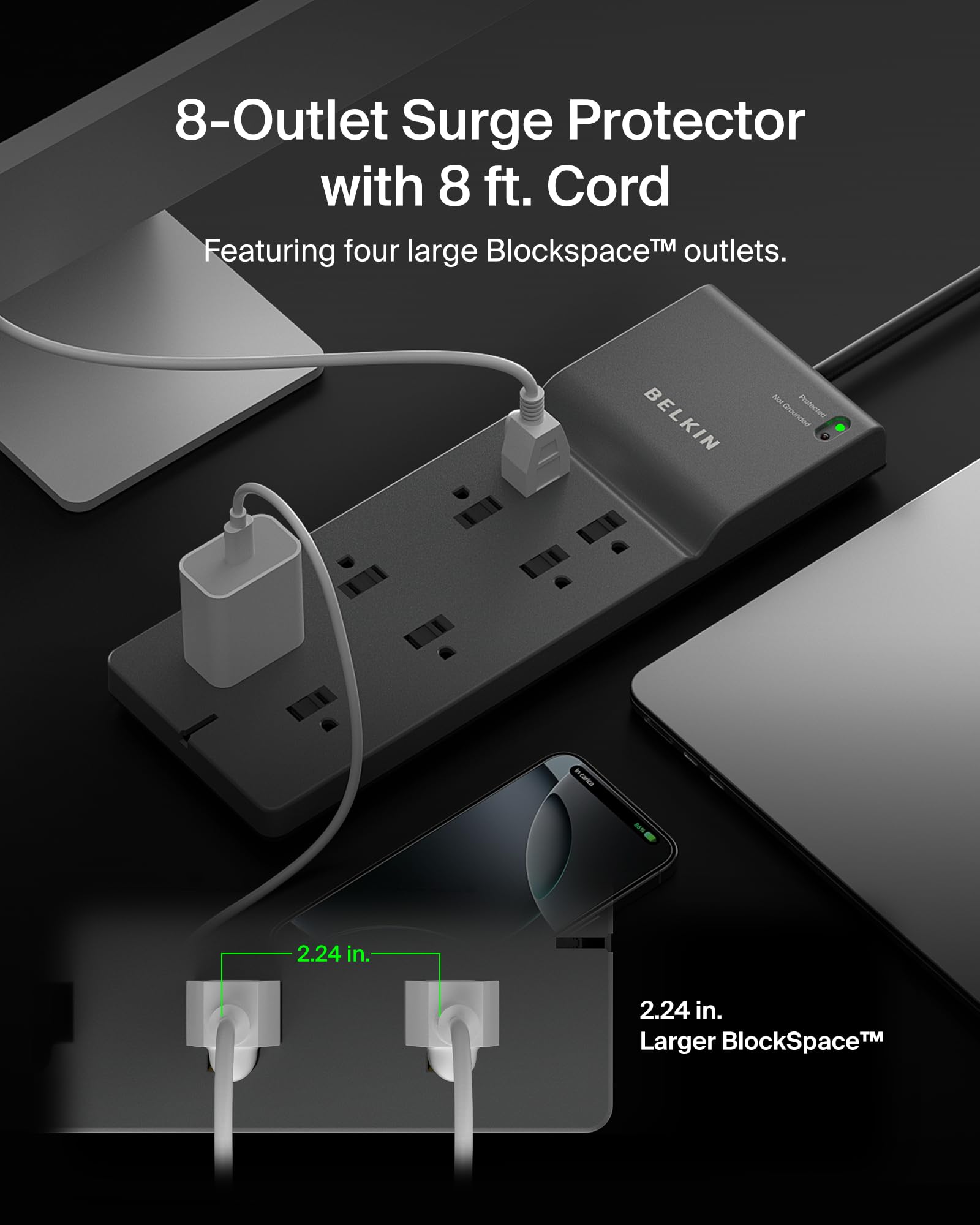 Belkin 8-Outlet Surge Protector w/ 8 AC Outlets & 8ft Long Flat Plug, UL-listed Heavy-Duty Extension Cord for Home, Office, Travel, Computer Desktop, Laptop, Phone Charger - 2,500 Joules of Protection