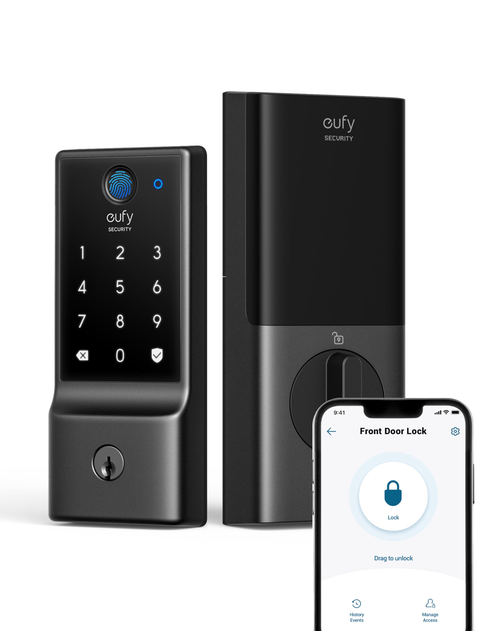 قفل أمان ذكي C220 من eufy، قفل باب بالبصمة بدون مفتاح، واي فاي مدمج، تحكم عن بعد عبر التطبيق، قفل ذكي بمزلاج للباب الأمامي، بطارية تدوم 8 أشهر، طاقة موثوقة، مقاومة للماء بمعيار IP53، تصنيف BHMA من الدرجة الثالثة