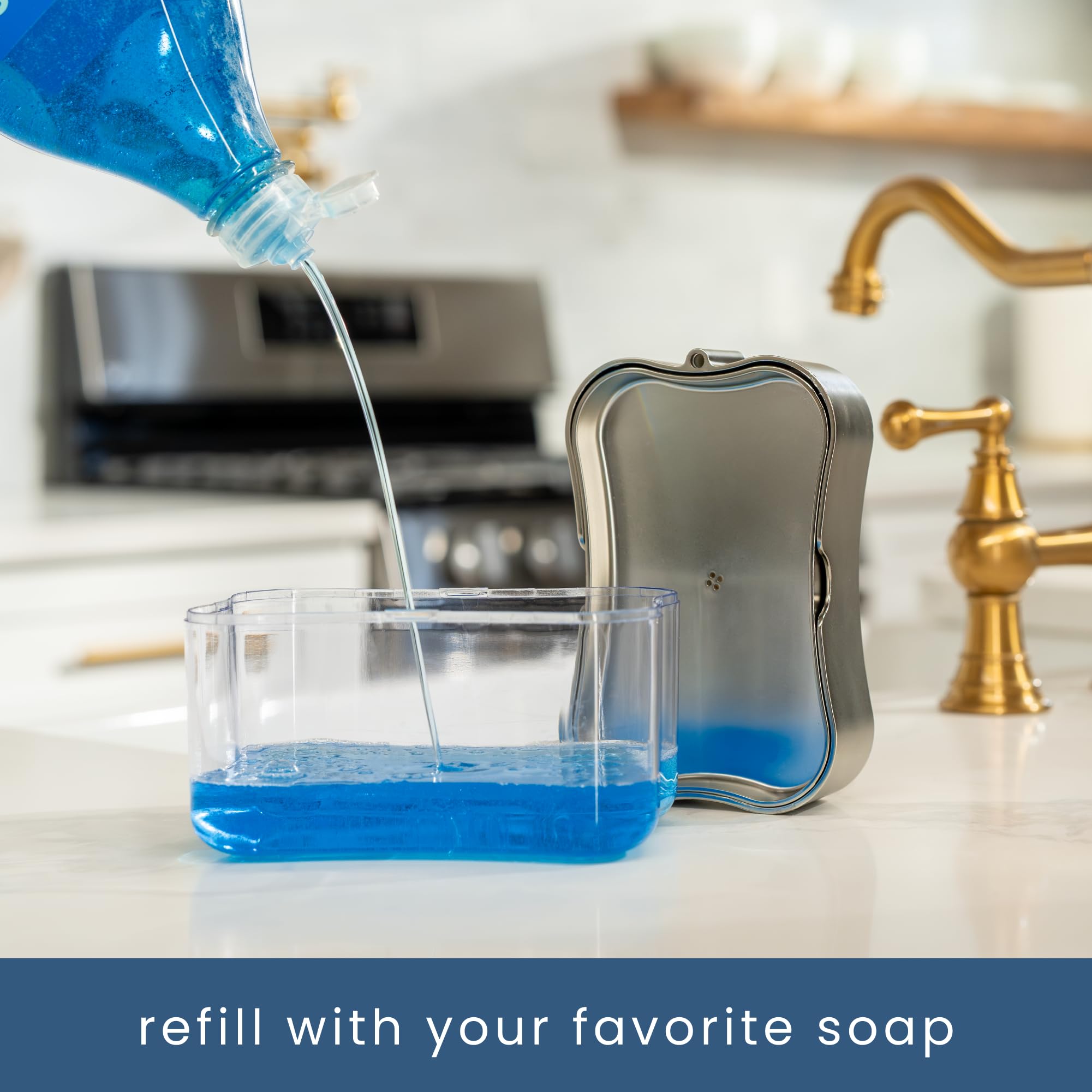 S&T INC. Dish Soap Dispenser and Sponge Holder for Kitchen Sink, Sponge Included, 13 Ounces, Metallic Silver