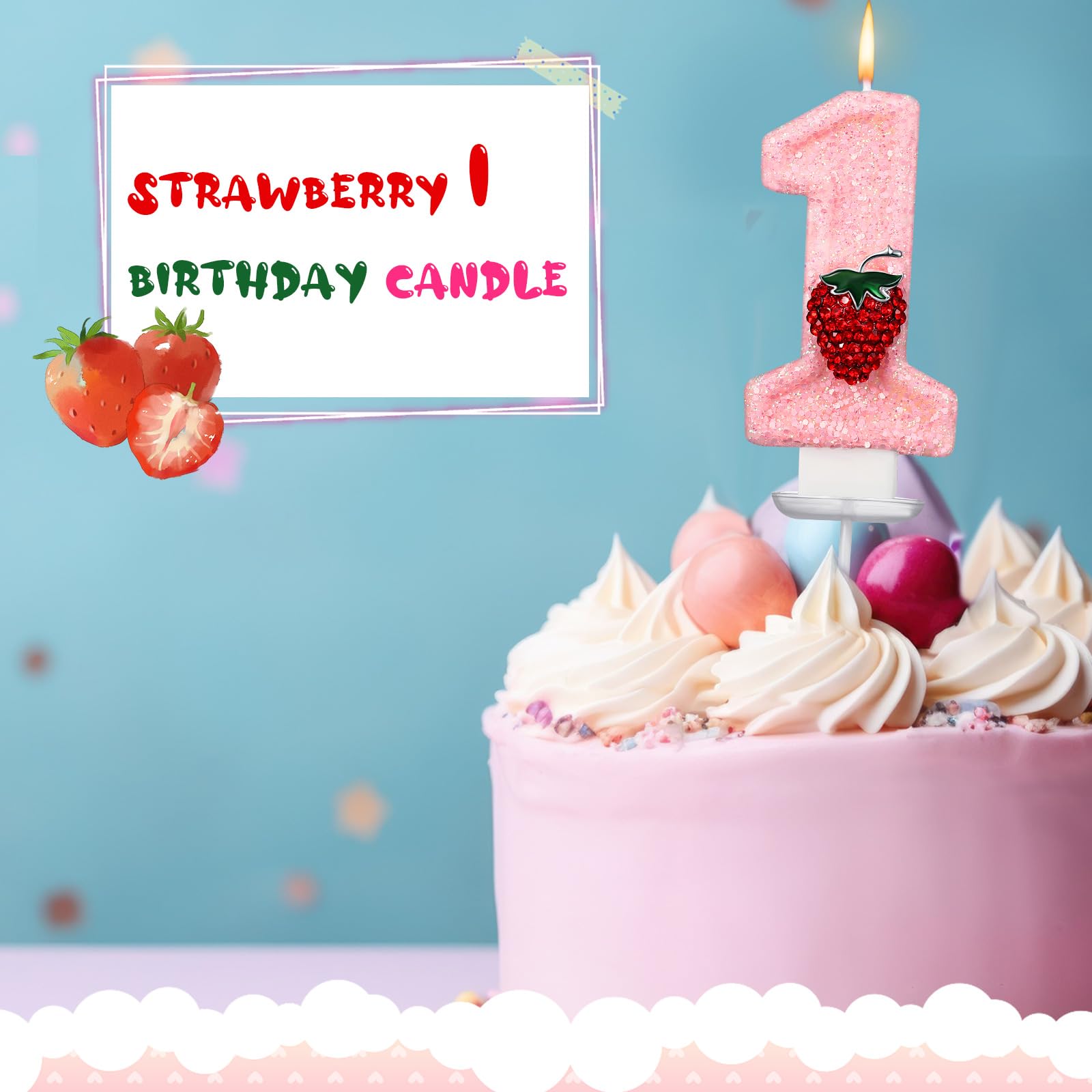 Conelist Strawberry 1 Candle for First Birthday Pink Number 1 Candle Berry One Glitter Cake Topper for Strawberry 1st Birthday Party Supplies Anniversary Decorations