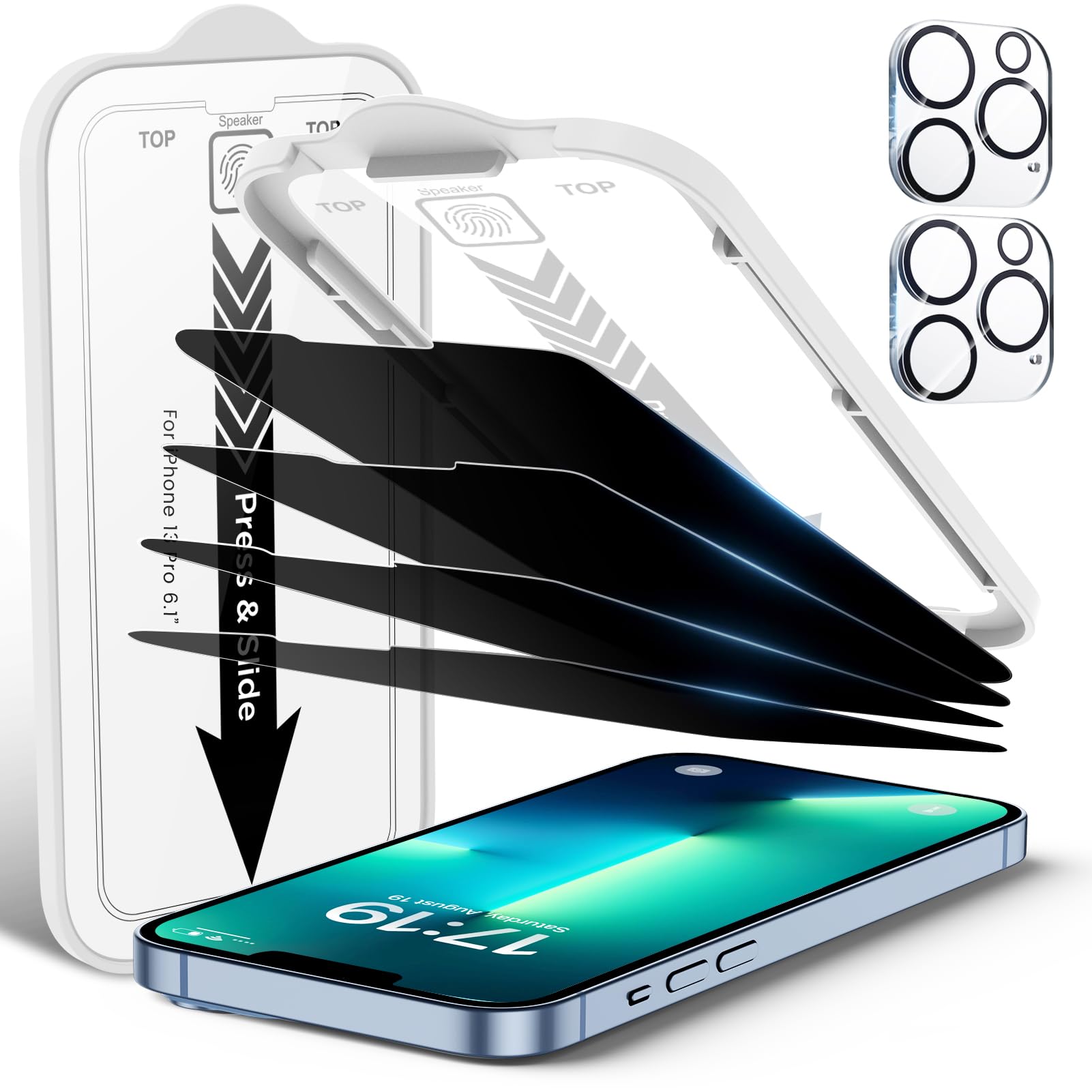 EZ-GLAZ-4 Pack Privacy Screen Protector for iPhone 14 Pro[6.1 inches] With 2 Pack Camera Lens Protector, [Drop Protection] 9H Hardness Scratch Resistant Tempered Glass Film, Easy to install