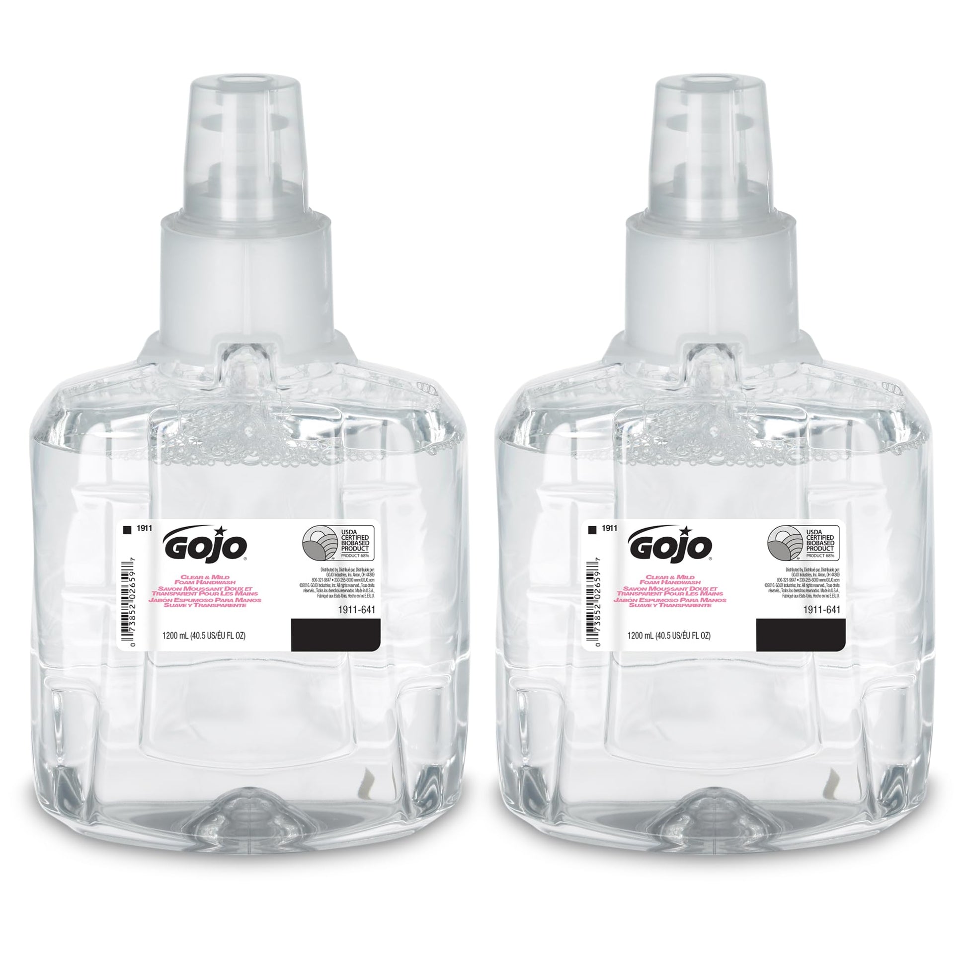 GOJO Clear & Mild Foam Handwash, EcoLogo Certified, 1200 mL Foam Hand Soap Refill LTX-12 Touch-Free Dispenser (Pack of 2) - 1911-02