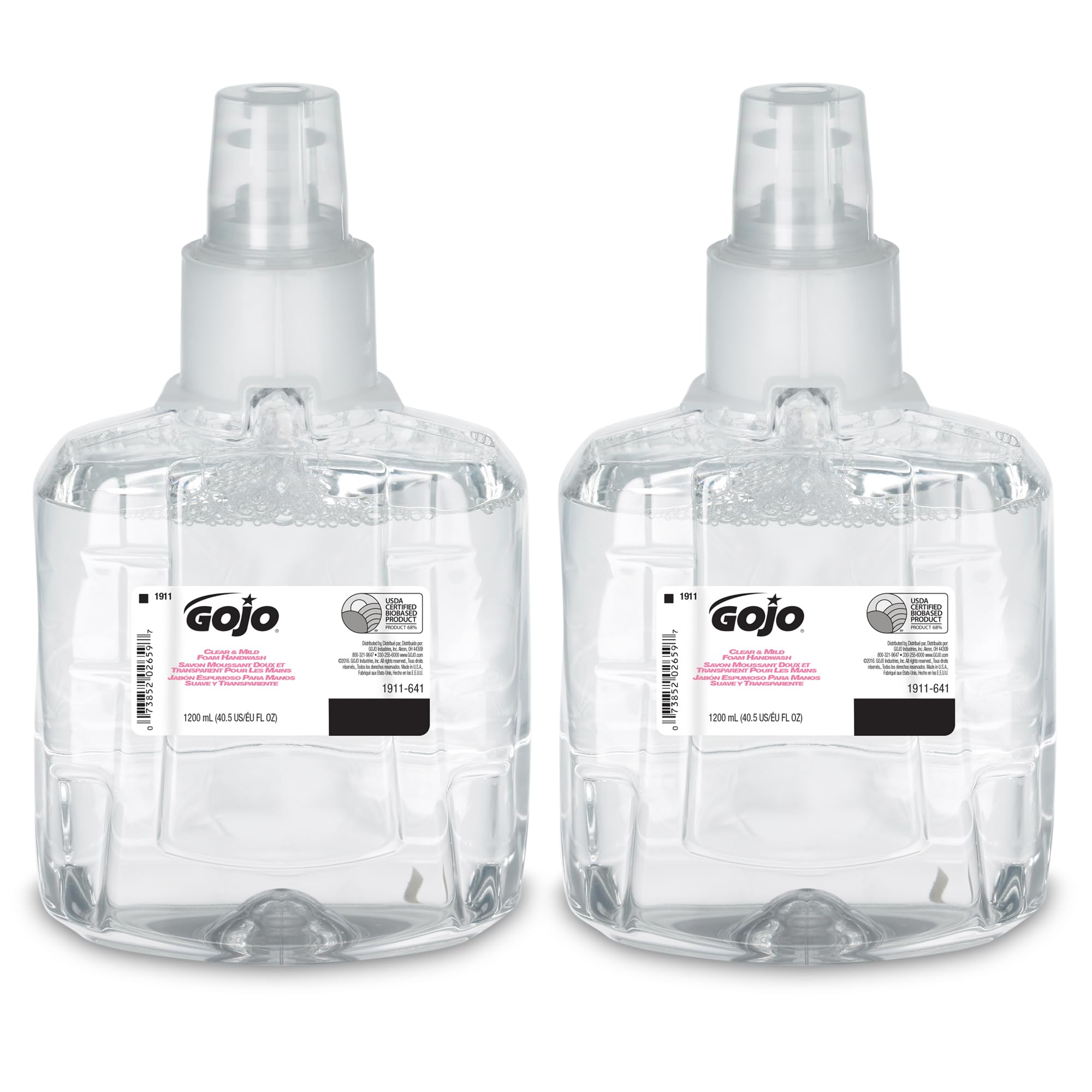 GOJO Clear & Mild Foam Handwash, EcoLogo Certified, 1200 mL Foam Hand Soap Refill LTX-12 Touch-Free Dispenser (Pack of 2) - 1911-02