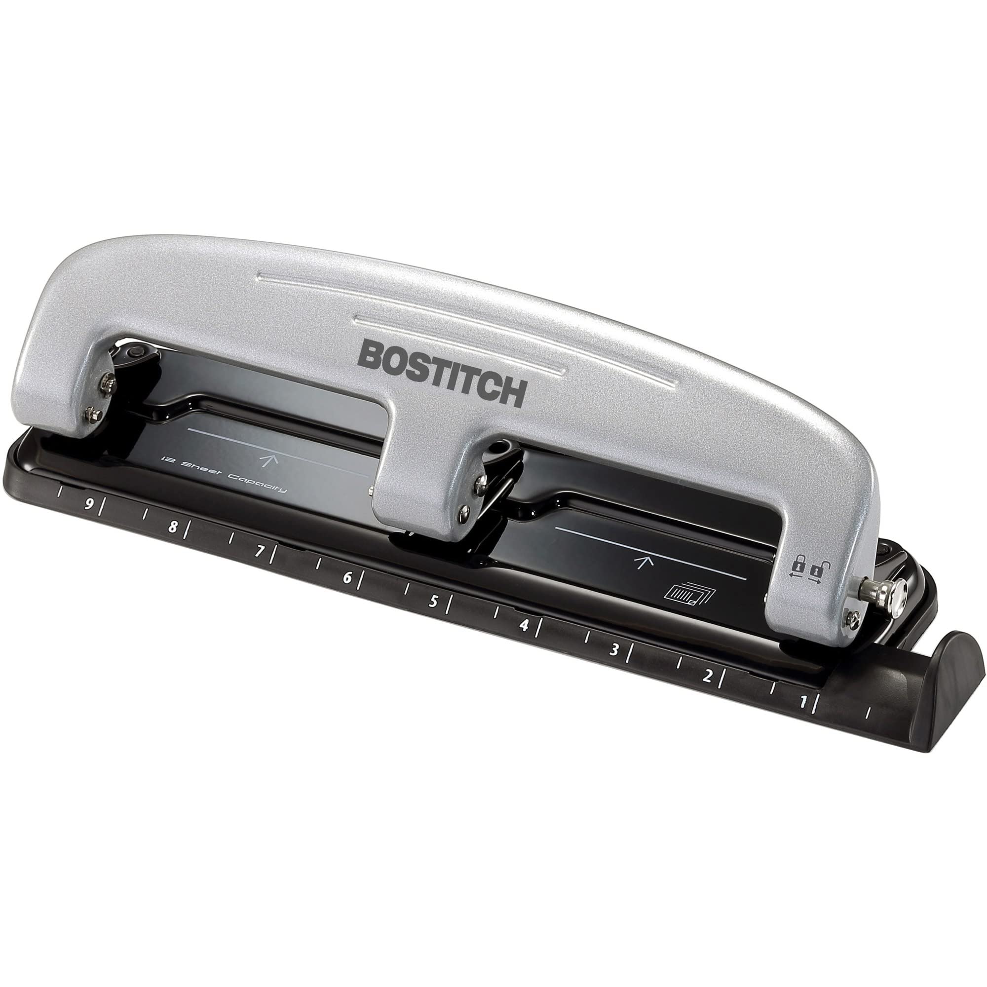 Bostitch Office inPRESS 12 Reduced Effort Three-Hole Punch, Silver/Black (2101)