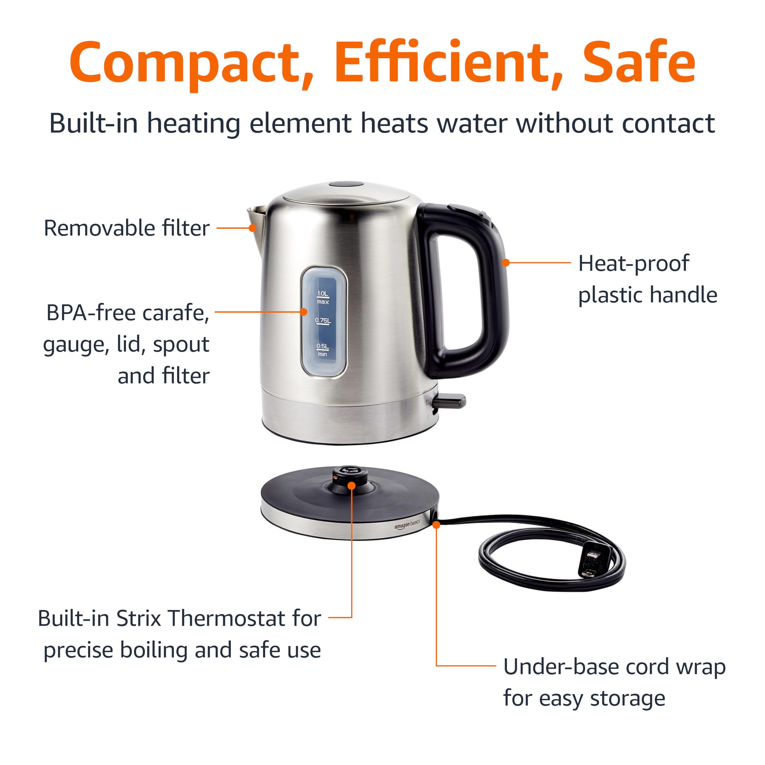 Amazon Basics Electric Stainless Steel Kettle for Tea and Coffee, BPA-Free, Fast Boiling, Auto Shut-Off, 1.1 Quarts, 1500W, Black and Silver