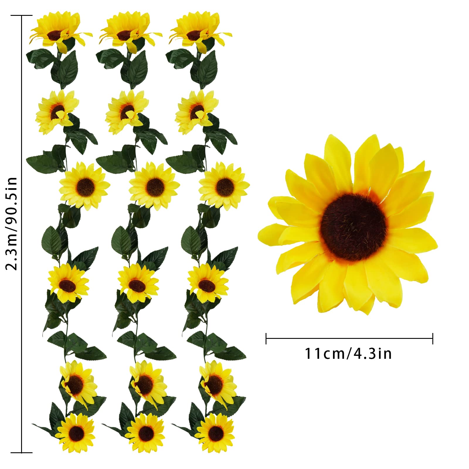 Uieke 3 Pack Artificial Sunflower Garland, 7.5ft/Strand Silk Sunflowers Hanging Vines Flowers with Green Leaves for Room Kitchen Garden Birthday Wedding Baby Shower Party Table Decor Large