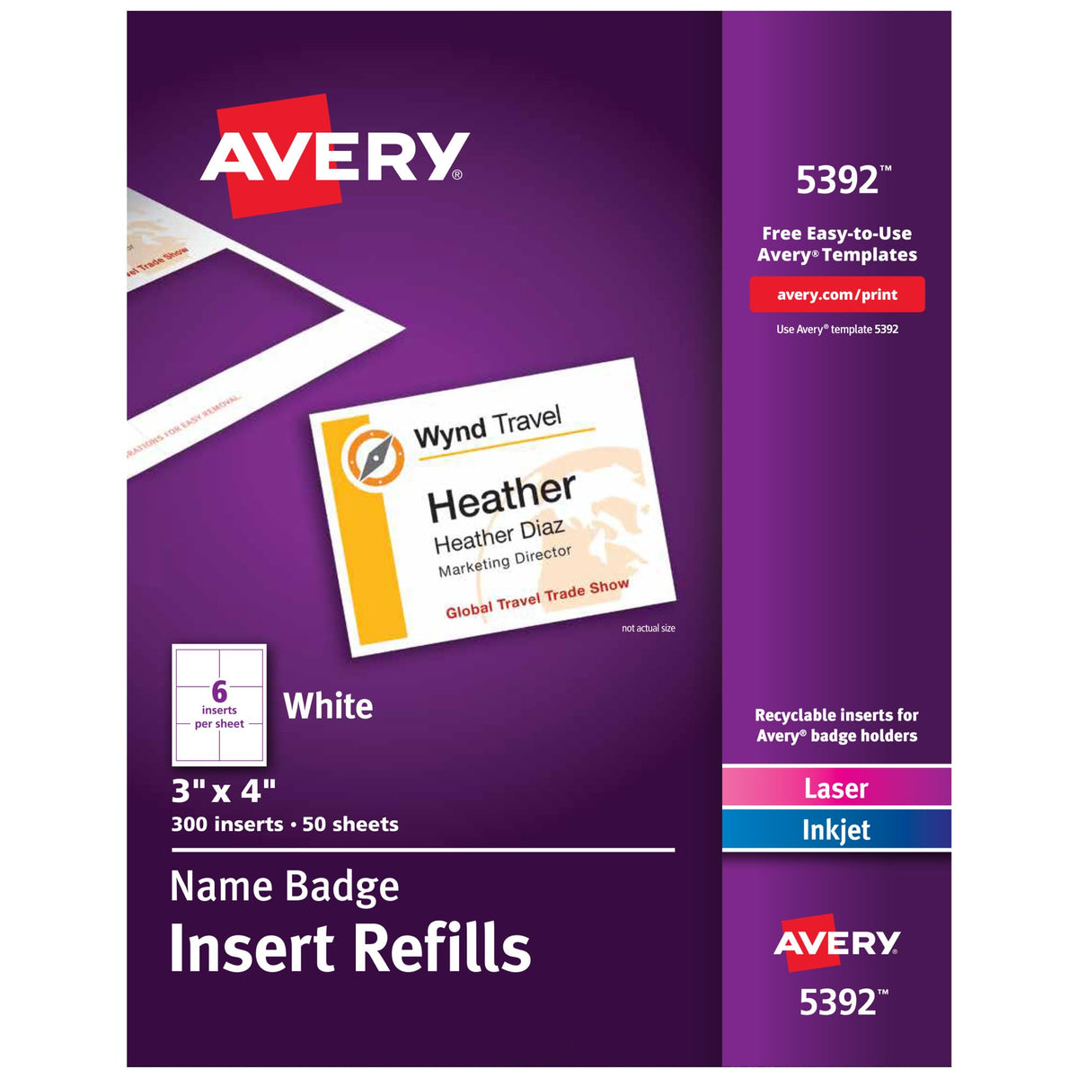Avery Personalisierbare Namensschild-Einlagen für Namensschildhalter, 7,6 x 10,2 cm, Weiß, Laser-/Inkjet-bedruckbar, 300 Stück insgesamt (5392)
