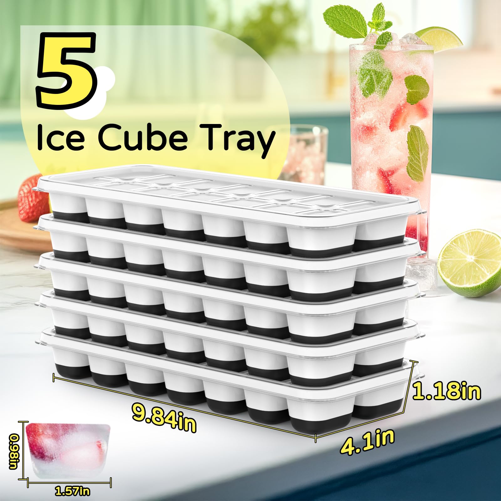 Ice Cube Tray 5 Pack, Stackable Silicone Ice Cube Trays with Lid– Easy Release Reusable Ice Tray, BPA-Free Rectangular Ice Cube Mold Set for Cocktails, Coffee, Whiskey & Drinks- Black