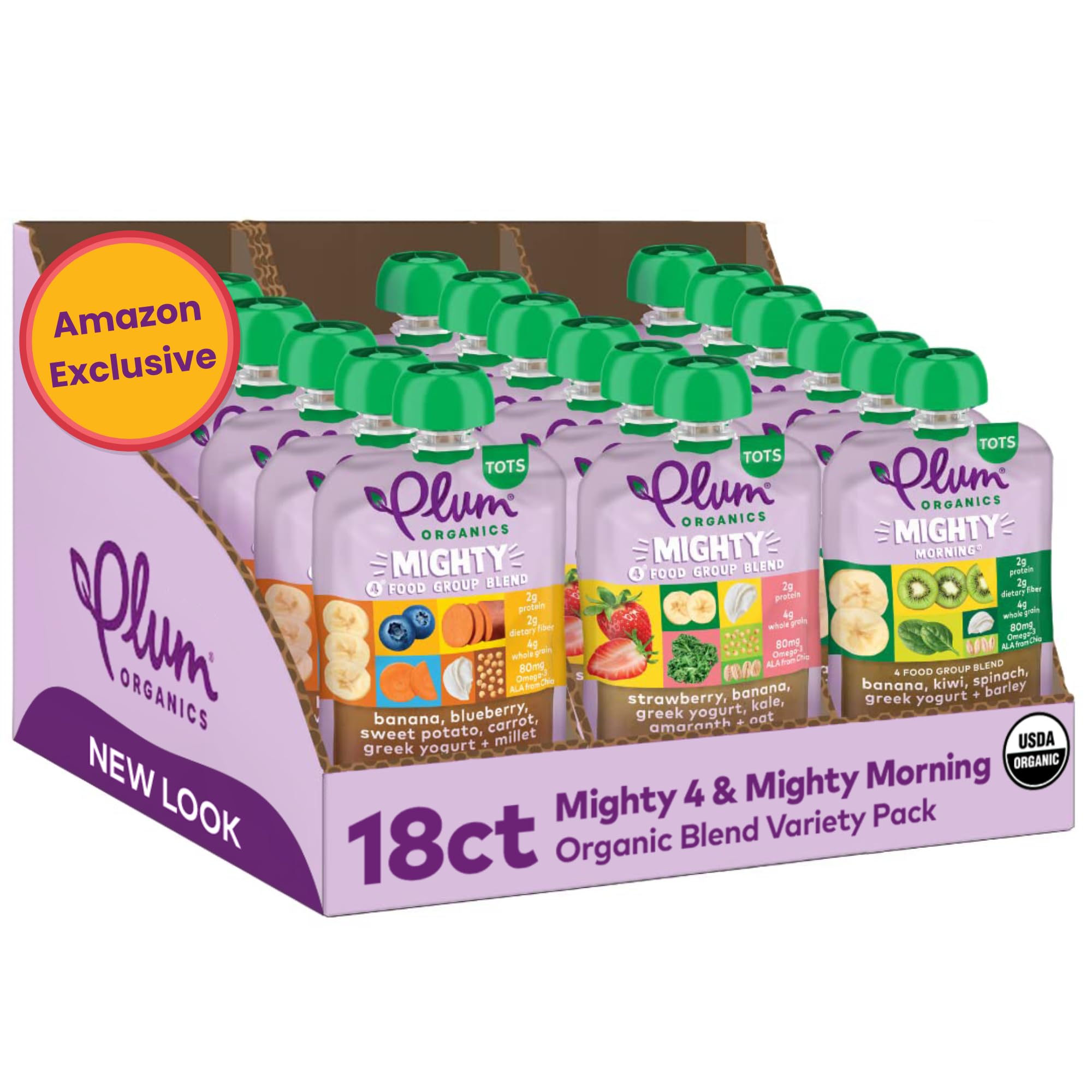 Plum Organics Stage 4 Variety Pack – Toddler’s Taste Adventure & Sunrise Pack – Mighty 4 & Mighty Morning Organic Fruit & Veggie Pouches – 4 oz Pouch, Pack of 18 (Amazon Exclusive)