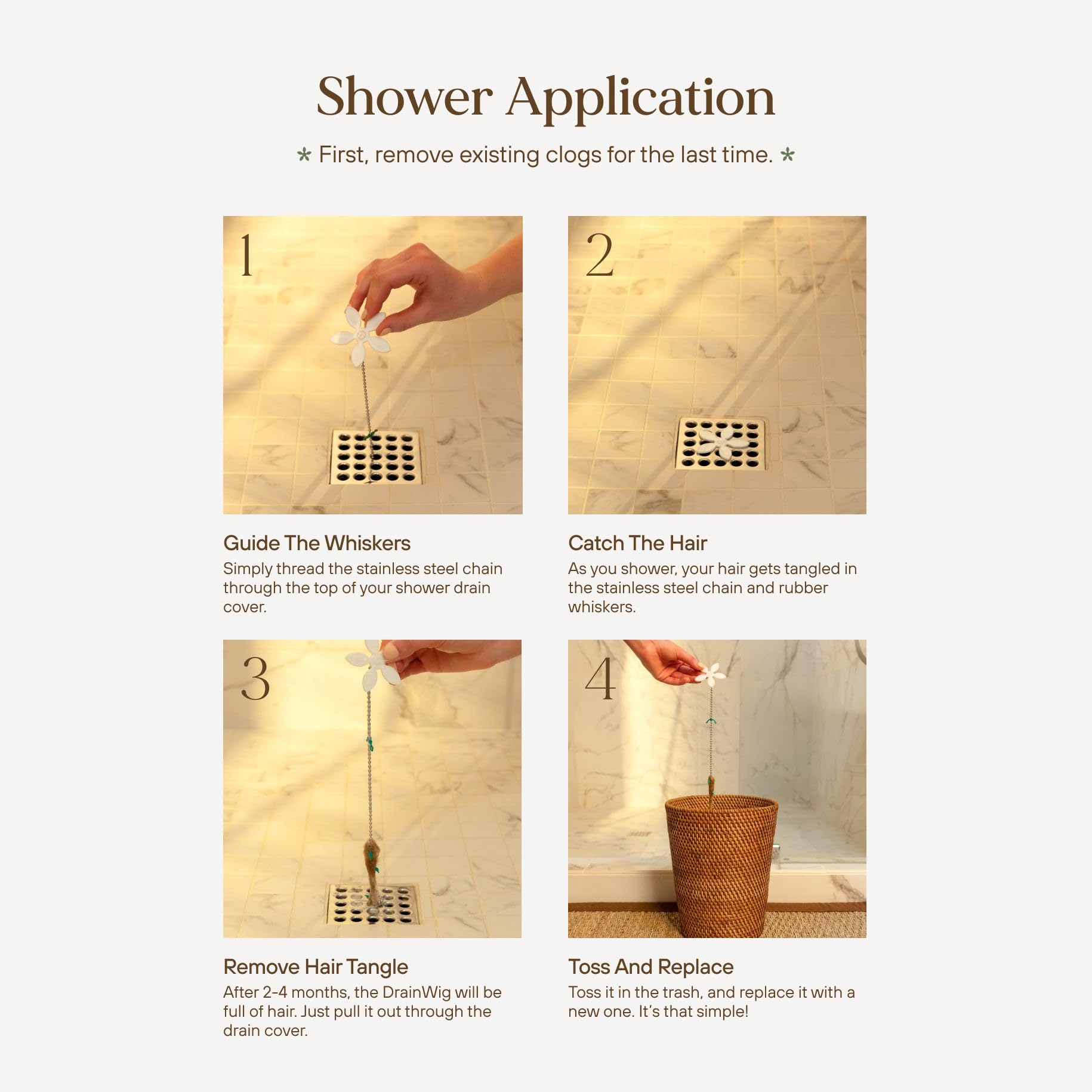 ​DrainWig Shower Drain Hair Catcher – Disposable White Flower (2-Pack) – No-Touch Hair Removal for Flat Shower Drains – As Seen on Shark Tank