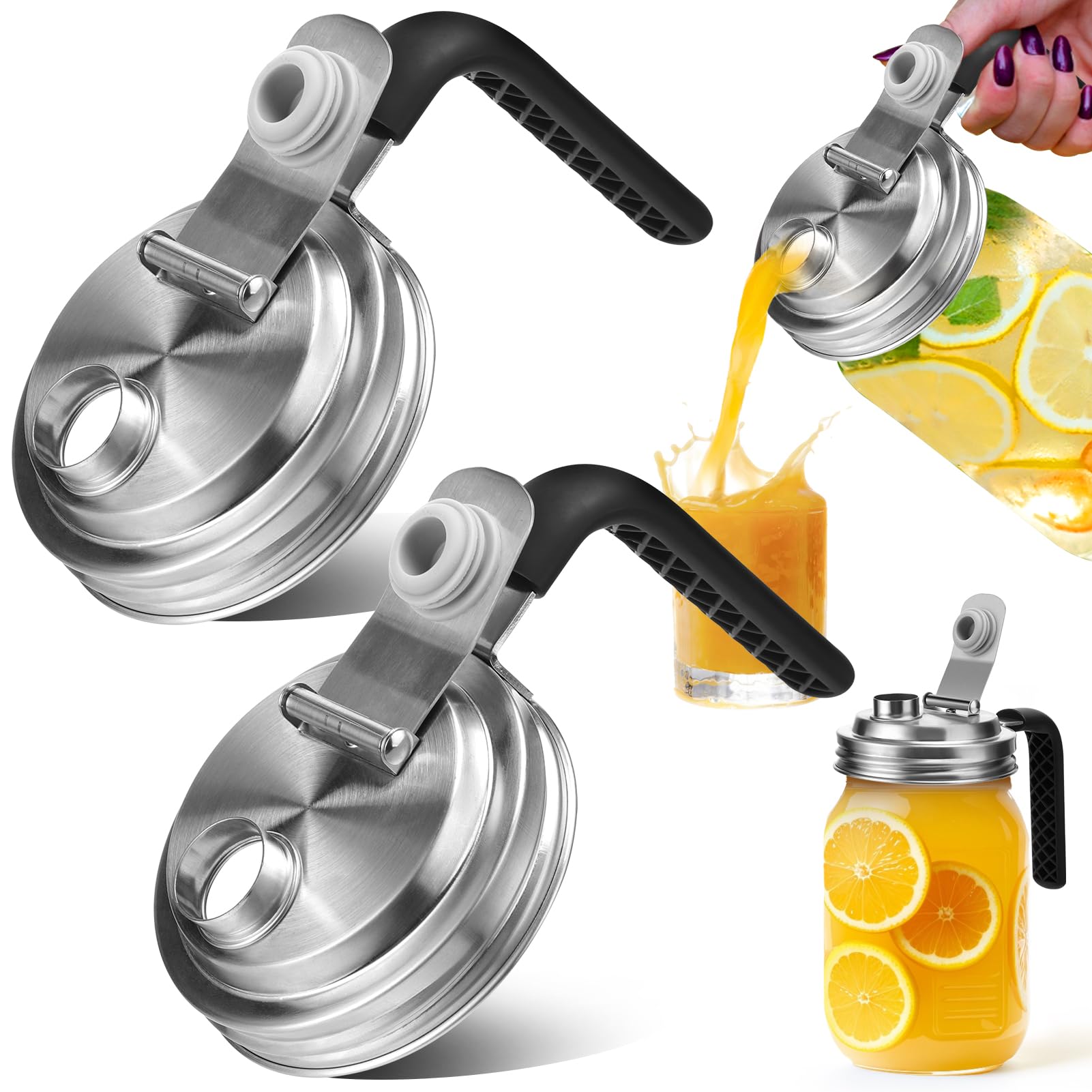 Mason Jar Pour Spout Lid Stainless Steel with Handle, Wide Mouth Pour Spout Flip Cap Lids for Mason Jars, Anticracking Leak Proof Seal Cover Airtight for Drinking Salad Dressing & Food Storing(2PCS)