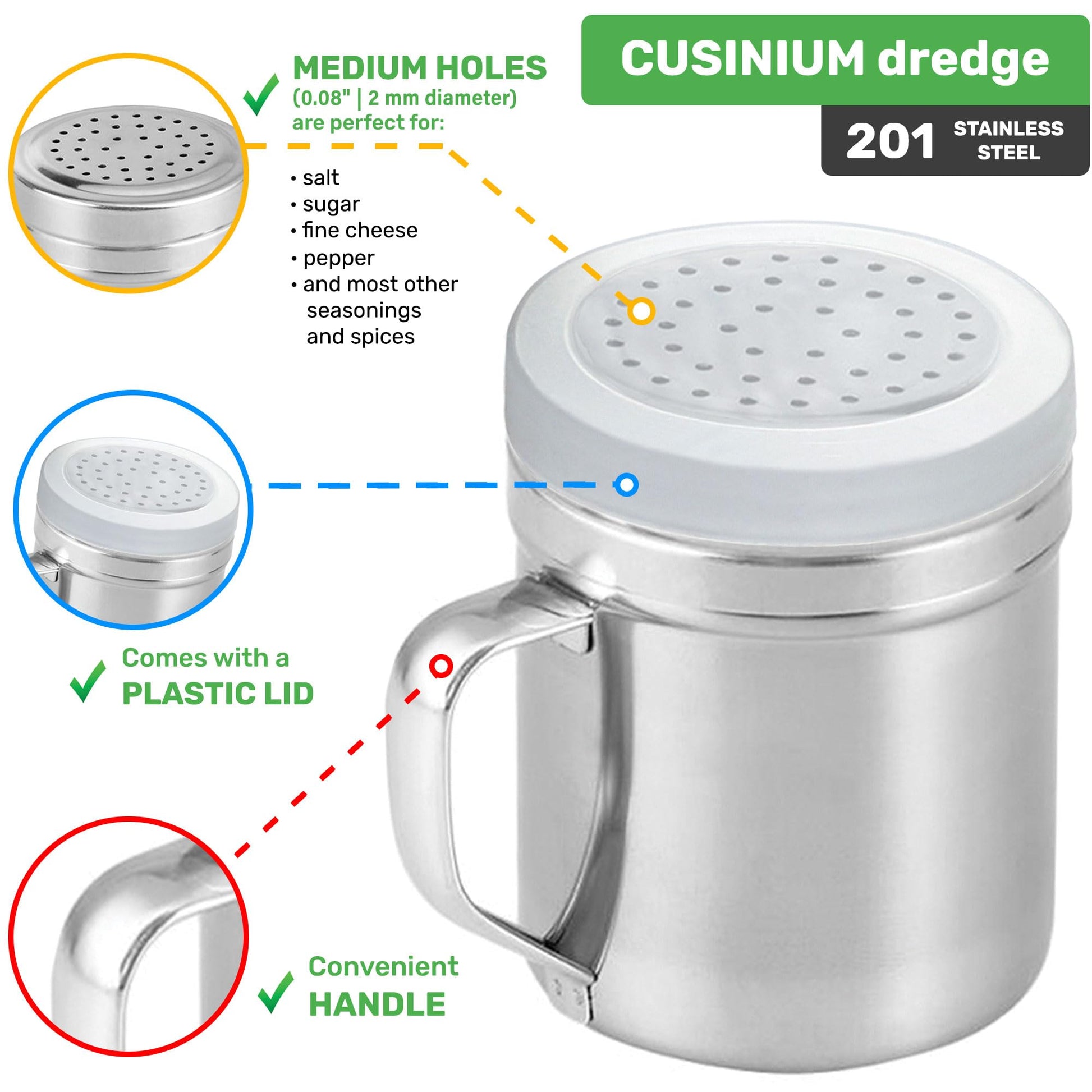 CUSINIUM Metal Salt Pepper Dredge Shakers - With Handle - Seasonings Spice Shakers With Holes and Lids - 10 Ounce, 2pcs | Style: Medium