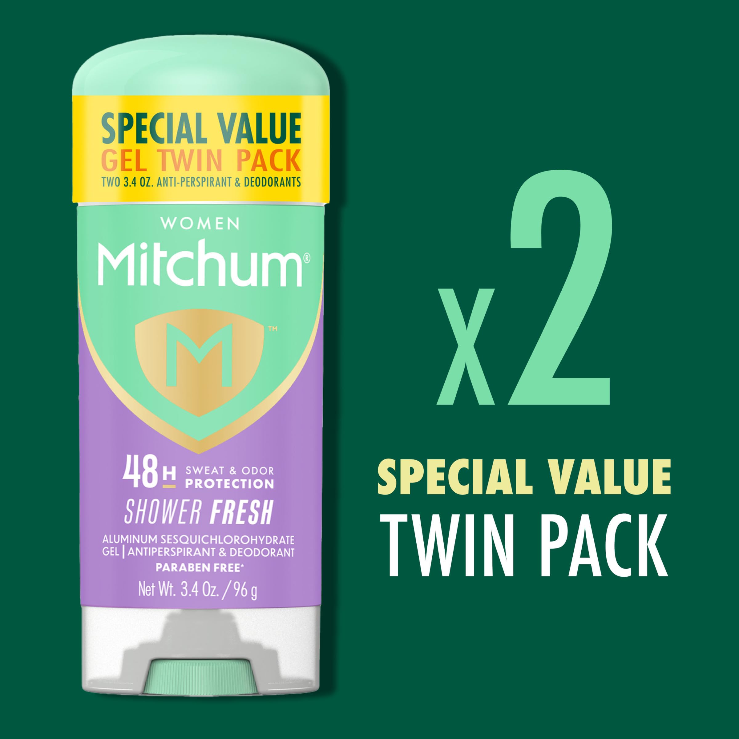 Mitchum Women’s Antiperspirant Deodorant Gel Stick, Shower Fresh Scent, 48HR Sweat & Odor Protection, Triple Odor Defense, Alcohol-Free, 3.4 oz (Pack of 2)