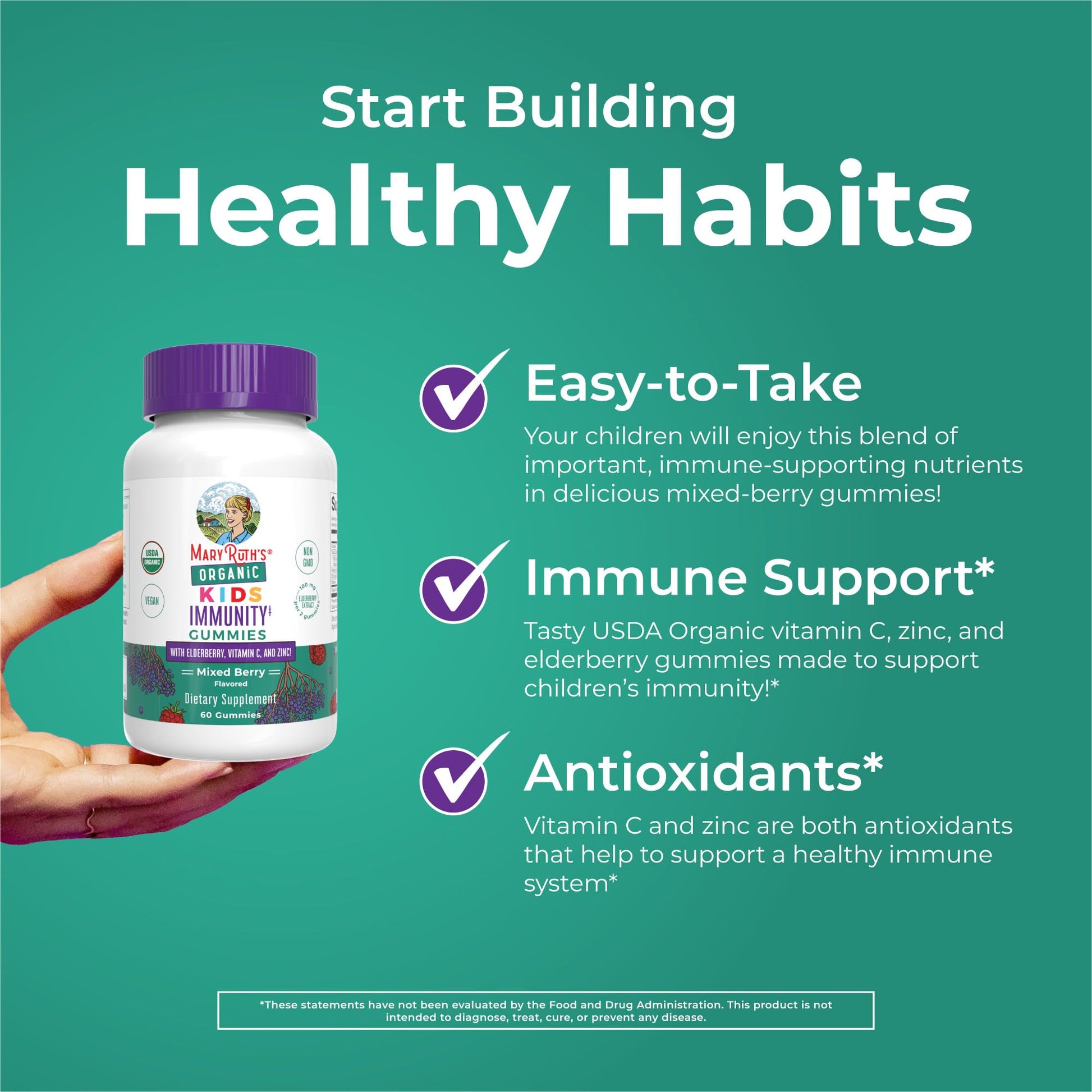 MaryRuth Organics Kids Immune Support Gummies | USDA Organic | Vitamin C, Zinc, and Elderberry Gummies for Kids| Immune Support for Ages 4+ | Vegan | Non-GMO | Gluten Free | 60 Count