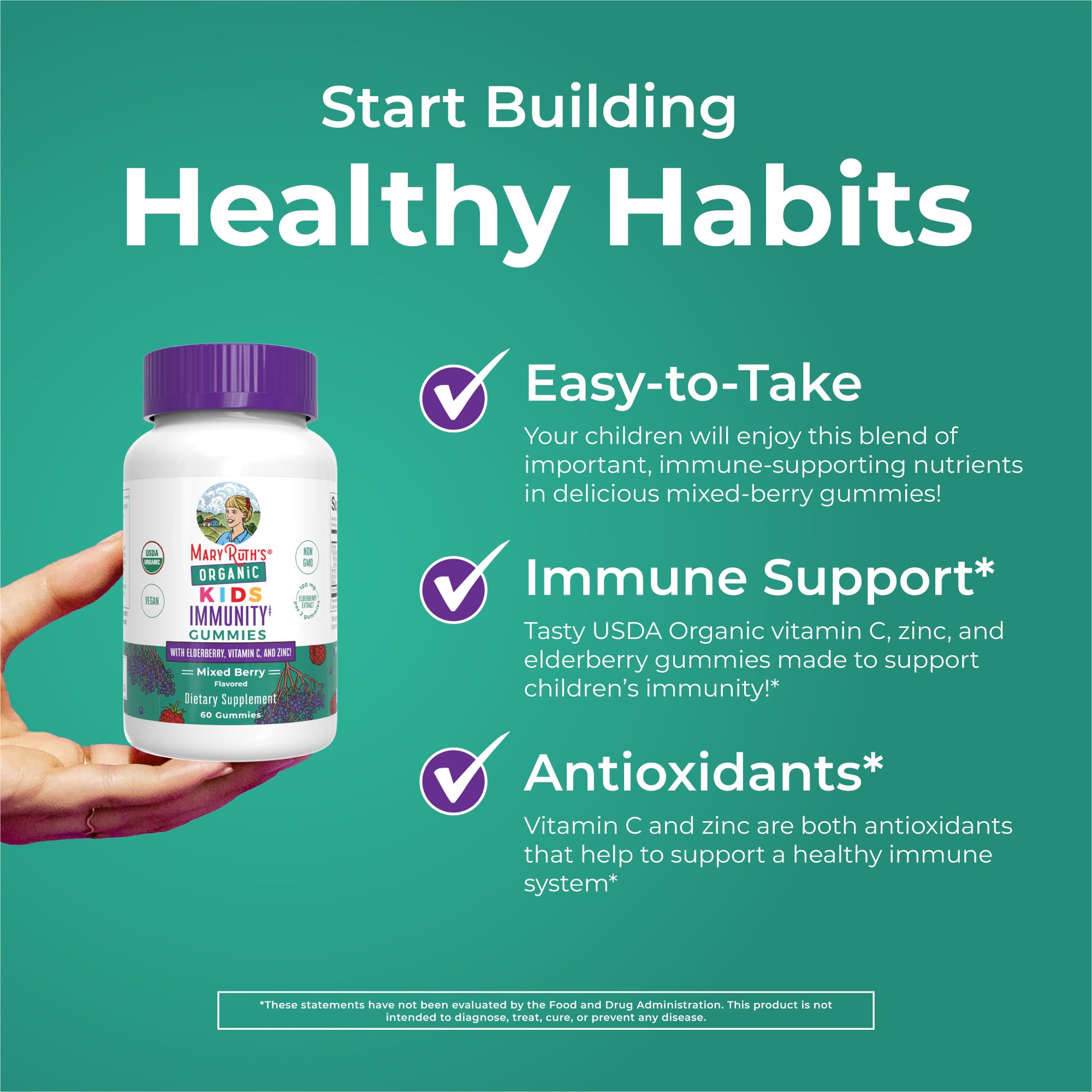 MaryRuth Organics Kids Immune Support Gummies | USDA Organic | Vitamin C, Zinc, and Elderberry Gummies for Kids| Immune Support for Ages 4+ | Vegan | Non-GMO | Gluten Free | 60 Count