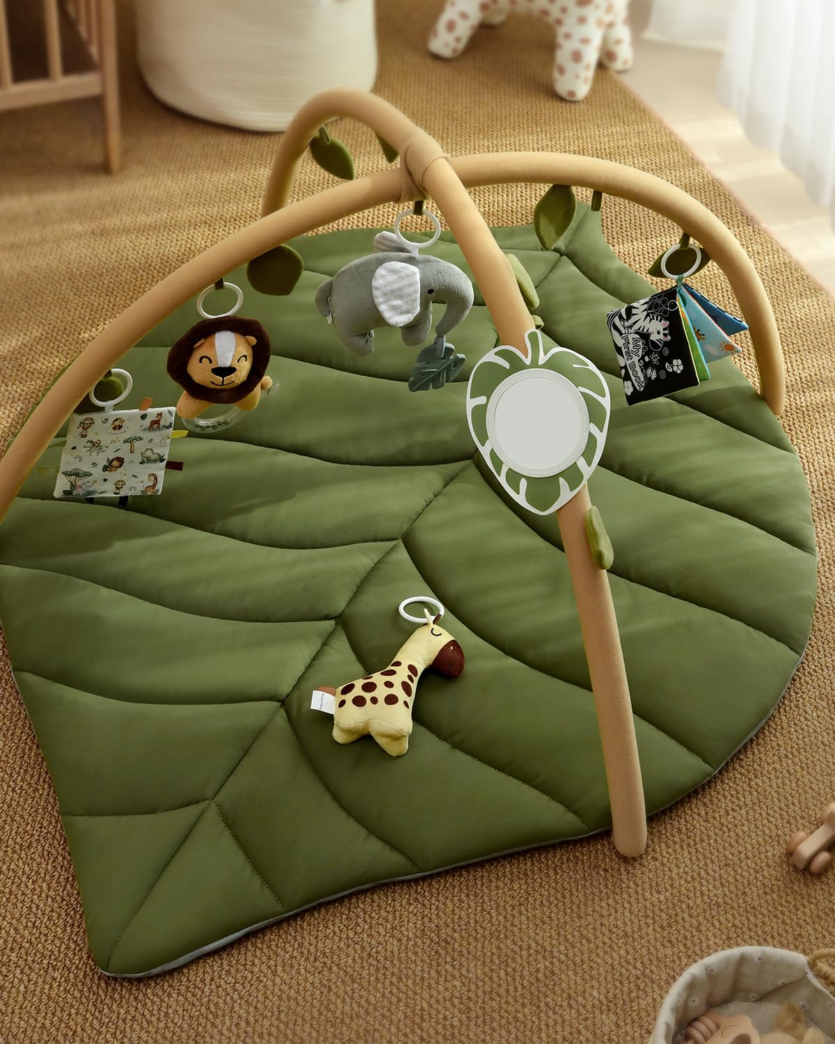 Blissful Diary Baby Play Gym & Activity Mat, Oversize Leaf Shaped Baby Play Mat w 6 Detachable Toys, Tummy Time Mat Promote Motor Skills & Sensory Development Mat, Newborn Infant Baby Essentials Gift